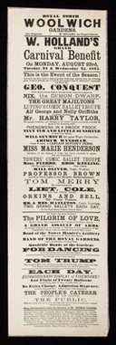 Royal North Woolwich Gardens ... : W. Holland's grand carnival benefit on Monday, August 23rd, Tuesday, 24 & Wednesday 25, 1875. This is the event of the season!.