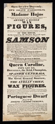 Open for a few days only : Two grand exhibitions. Madame Hojos has the honour of announcing to the ladies and gentlemen of Wakefield, and its vicinity, she has just arrived from Spain, with a  splendid cabinet of ancient & modern wax figures, ... the first and principal group represents the history of Samson ... in addition to the collection of wax figures, the exhibition of the rare Portuguese Dwarf alive, Joseph Cardoso Pereira.
