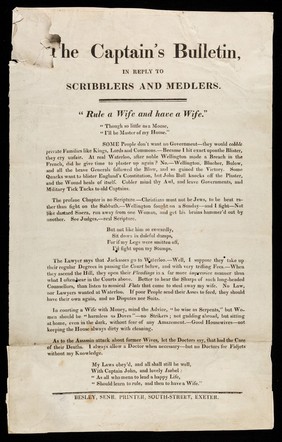 The captain's bulletin, in reply to scribblers and meddlers : "Rule a wife and have a wife."