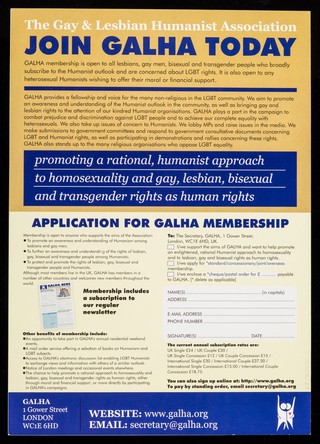 Happy to be gay? : want to make the world a better place... and have some fun at the same time? Not convinced that religion is the answer to life's problems? You could already be a humanist... why not joing the Gay and Lesbian Humanist Association? / The Gay and Lesbian Humanist Association.