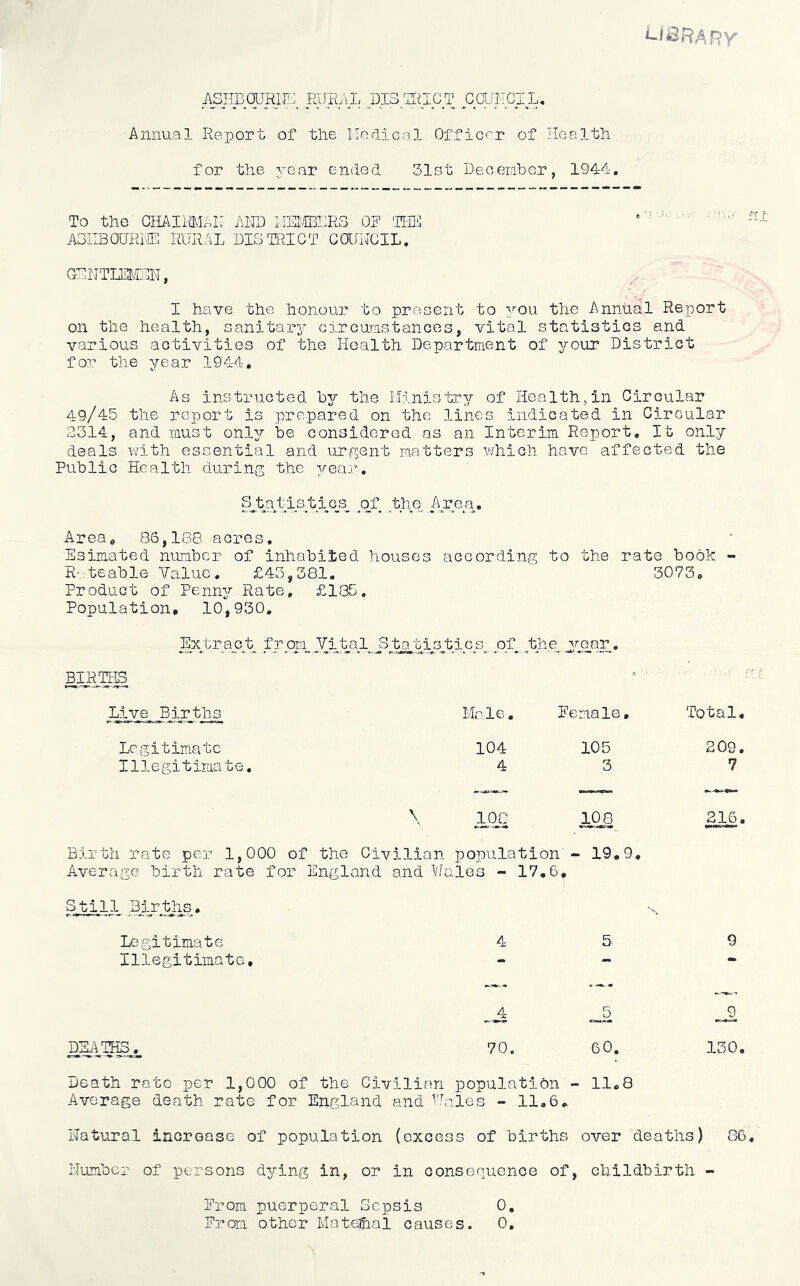 ^i^RARy A^JBCpmU'l RURAL DI3_SgCT .COUNCIL. Annual Report of the llodical Officer of Health for the year ended 31,st Deoeraber, 1944, To the CHAIiMAlT AND IIS/IBI^RS OR 'THE ' ' ' A3IIB0URNE RURAL DISmCT CaJNGIL. GENTLEMEN, I have the honour to present to you the Annual Report on the health, sanitary oircumstances, vital statistics and various activities of the Health Department of your District for the year 1944, As instructed hy the Ministr3r of Health,in Circular 49/45 the report is prepared on the lines indicated in Circular 2314, and must onlj?- be considered as an Interim Report, It only deals with essential and urgent matters which have affected the Public Health during the year, SybatMst_iG_s.. .of tlie Avea, Area, 86,188 acres. Esimated number of inhabited houses according to the rate book R- teable Value, £43,381. Product of Penn^?' Rate, £185, Population, 10,930, 3073. Extract from Vital Statis' tics, .of ghe^ jreo.r.. Biiun^ 1 Live Births Male. Eemale, Total, Legitim.atc Illegitimate, 104 4 105 3 209. 7 \ 1_0C 10^ 216. Bj.rth rate per 1,000 of the Civilian Average birth rate for England and U. population ales - 17,6, - 19,9, » Still .3Jjr.;y:is, Legitimate Illegitimate, 4 5 9 ._^5 70. 60, 130. Death rate per 1,000 of the Civilian population - 11,8 Average death rate for England and ^'.iales - 11.6, Natujral increase of population (excess of births over deaths) 86, Number of persons during in, or in consertuence of, childbirth - Erom puerperal Sepsis 0,