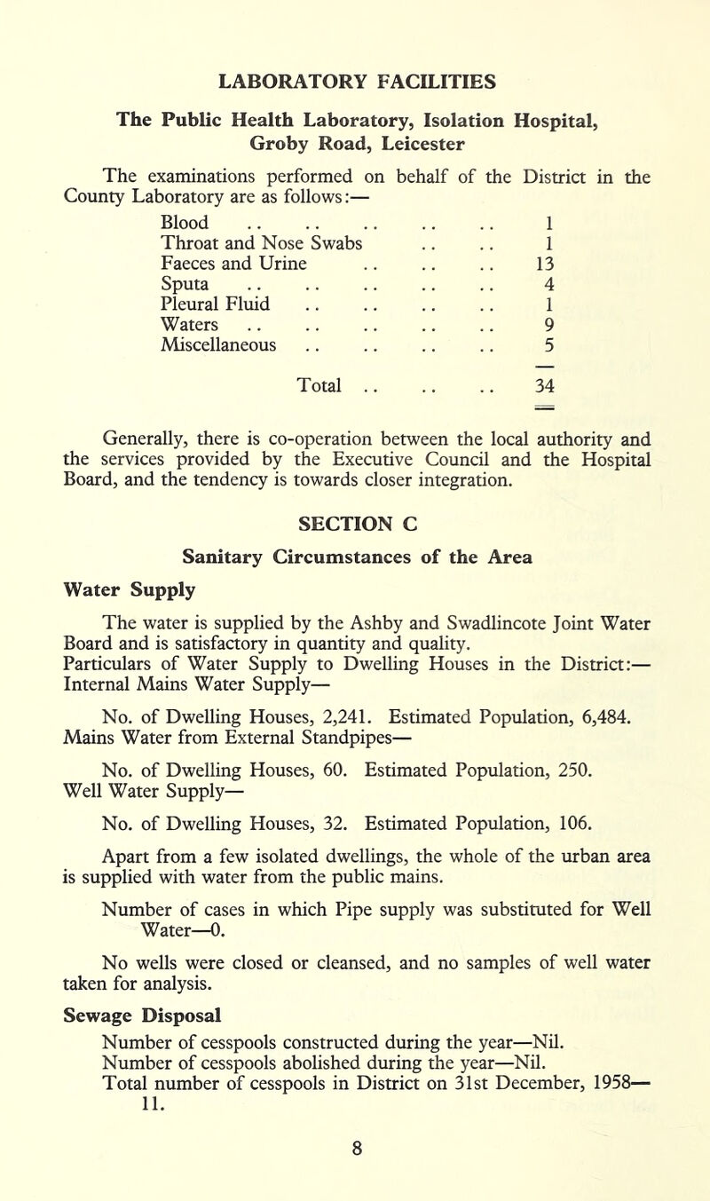 LABORATORY FACILITIES The Public Health Laboratory, Isolation Hospital, Groby Road, Leicester The examinations performed on behalf of the District in the County Laboratory are as follows:— Blood .. .. .. .. .. 1 Throat and Nose Swabs .. .. 1 Faeces and Urine .. .. .. 13 Sputa 4 Pleural Fluid .. .. .. .. 1 Waters .. .. .. .. .. 9 Miscellaneous .. .. .. .. 5 Total 34 Generally, there is co-operation between the local authority and the services provided by the Executive Council and the Hospital Board, and the tendency is towards closer integration. SECTION C Sanitary Circumstances of the Area Water Supply The water is supplied by the Ashby and Swadlincote Joint Water Board and is satisfactory in quantity and quality. Particulars of Water Supply to Dwelling Houses in the District:— Internal Mains Water Supply— No. of Dwelling Houses, 2,241. Estimated Population, 6,484. Mains Water from External Standpipes— No. of Dwelling Houses, 60. Estimated Population, 250. Well Water Supply— No. of Dwelling Houses, 32. Estimated Population, 106. Apart from a few isolated dwellings, the whole of the urban area is supplied with water from the public mains. Number of cases in which Pipe supply was substituted for Well Water—0. No wells were closed or cleansed, and no samples of well water taken for analysis. Sewage Disposal Number of cesspools constructed during the year—Nil. Number of cesspools abolished during the year—Nil. Total number of cesspools in District on 31st December, 1958— 11.