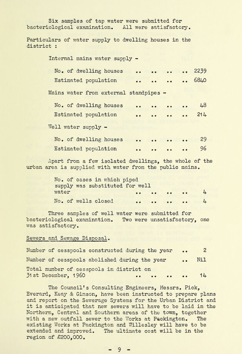 Six samples of tap water were submitted for bacteriological examination. All were satisfactory. Particulars of water supply to dwelling houses in the district : Internal mains water supply - No. of dwelling houses .. 2239 Estimated population .. 68^ Mains water from external standpipes - No. of dwelling houses .. .. .. .. 48 Estimated population ,. .. .. .. 214 Well water supply - No. of dwelling houses .. 29 Estimated population 96 Apart from a few isolated dwellings, the v/hole of the urban area is supplied with water from the public mains. No. of cases in which piped supply was substituted for well water 4 No. of wells closed .. .. .. .. 4 Three samples of well water were submitted for bacteriological examination. Two were unsatisfactory, one was satisfactory. Number of cesspools constructed during the year Niimber of cesspools abolished during the year Total number of cesspools in district on 31st December, 1960 • • 2 Nil 14 The Council’s Consulting Engineers, Messrs, Pick, Everard, Keay & Cimson, have been instructed to prepare plans and report on the Sewerage Systems for the Urban District and it is anticipated that new sewers will have to be laid in the Northern, Central and Southern areas of the town, together with a new outfall sewer to the Works at Packington. The existing Works at Packington and Willesley will have to be extended and improved. The ultimate cost will be in the region of £200,000. 9
