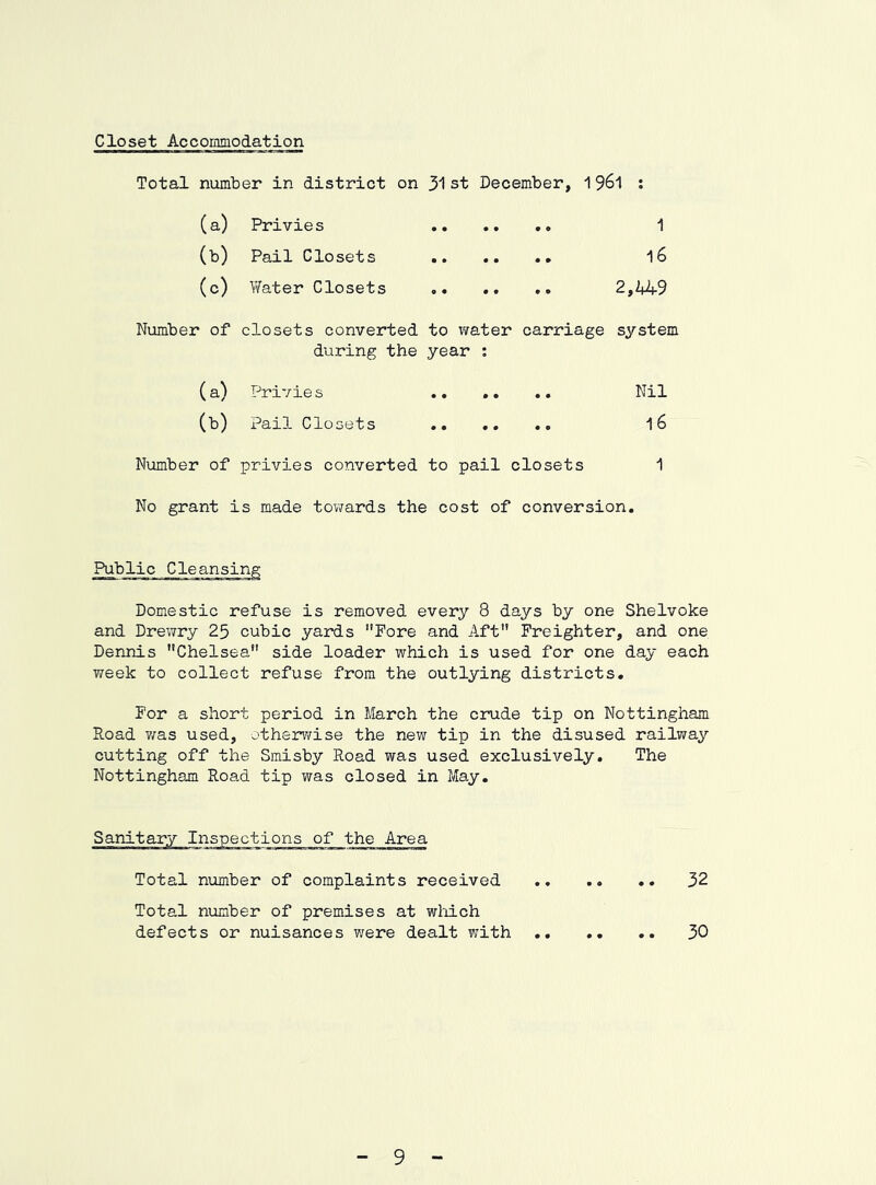 Closet Accommodation Total number in district on 31st December, 1961 : (a) Privies 1 (b) Pail Closets 16 (c) V/ater Closets .. .. .. 2,2+49 Number of closets converted to water carriage system during the year : (a) Privie s .. .. .. Nil (b) Pail Closets .. *. .« 16 Number of privies converted to pail closets 1 No grant is made towards the cost of conversion. Domestic refuse is removed every 8 days by one Shelvoke and Drewry 25 cubic yards Pore and Aft Freighter, and one Dennis Chelsea side loader which is used for one day each week to collect refuse from the outlying districts. For a short period in March the crude tip on Nottingham Road v/as used, jtherr/ise the new tip in the disused railway cutting off the Smisby Road was used exclusively. The Nottingham Road tip was closed in May. sections of the Area 32 Total number of complaints received Total number of premises at wMch defects or nuisances were dealt with 30