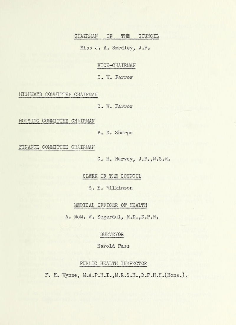 CHAIHIvIAN OF Tl-ffi COUNCIL Miss J« A. Smedley, J.P. VICE-CHAIRMAN C, W, Farrow KIGMAYS COMMITTEE CHAIRM C, W, Farrow HOUSBIG COMTTEE CHAIRM B. D, Sharpe FINANCE COmiTTEE CHAIRMAN C. R. Harvey, CLERIC OF THE COUNCIL S, E. Yfilkinson IvEDICAI. OFFICER OF HEALTH A. McM, W. Segerdal, M,D.,D,P,H, SURVEYOR Plarold Pass PUBIdC HEALTH INSPECTOR F. H. Wynne, M.A.P.H.I.,M.R.S.H.,D.P.H.H.(Hons.).
