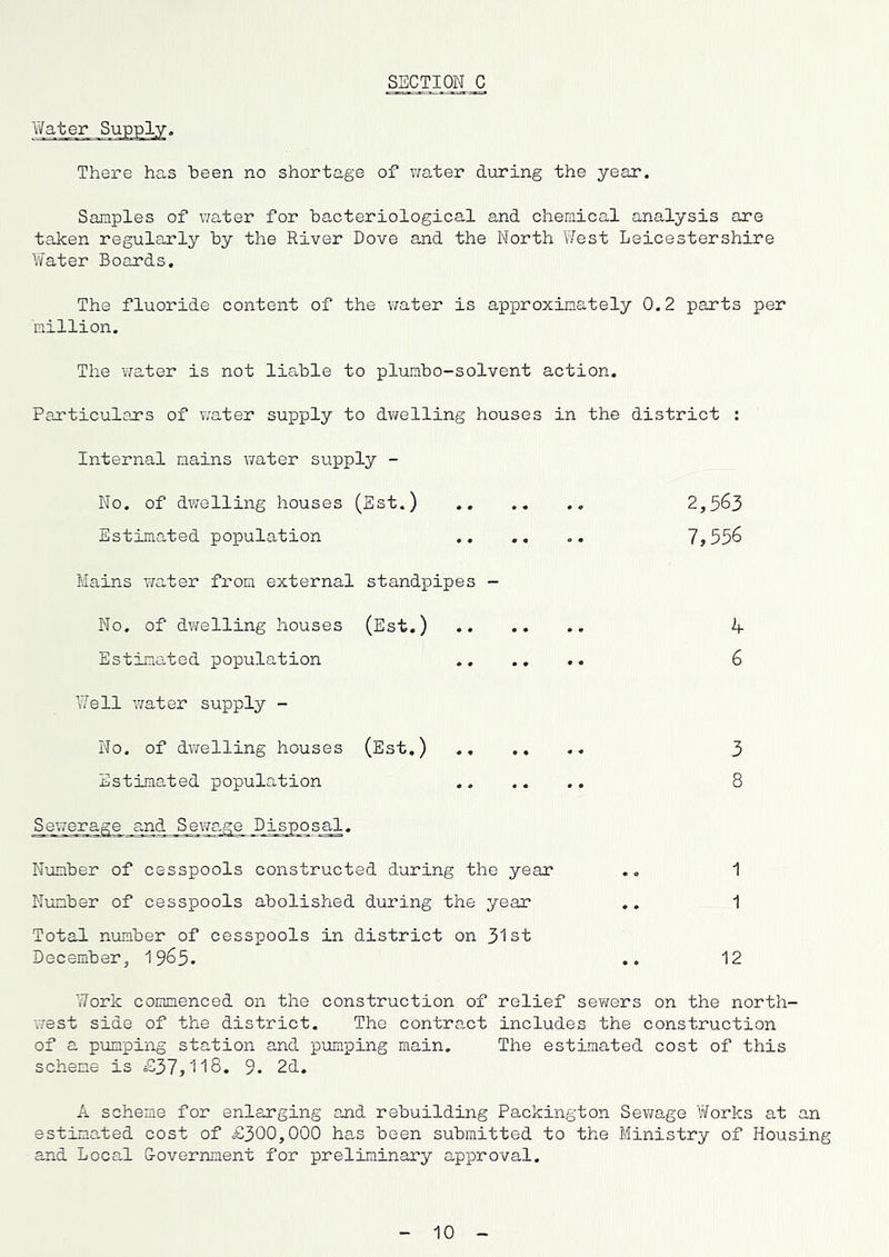 There has been no shortage of v/ater during the year. Samples of water for bacteriological and chemical analysis are taken regularly by the River Dove and the North West Leicestershire Water Boards. The fluoride content of the water is approximately 0.2 parts per million. The ViTater is not liable to plumbo-solvent action. Particulars of ¥;ater supply to dwelling houses in the district : Internal mains water supply - No. of dwelling houses (Est.) 2,5^3 Estimated population .. .. .. 7,556 Mains water from external standpipes - No. of dwelling houses (Est.) Estimated population Well water supply - No, of dwelling houses (Est.) Estimated population Sewerage and Sewa.ge Disposal. Number of cesspools constructed during the year Number of cesspools abolished during the year Total number of cesspools in district on 3'lst December, 1965. 4 6 3 8 1 1 12 Work commenced on the construction of relief sewers on the north- west side of the district. The contract includes the construction of a pumping station and pumping main. The estimated cost of this scheme is £37,118. 9. 2d. A scheme for enlarging and rebuilding Packington Sevjage Works at an estimated cost of £300,000 has been submitted to the Ministry of Housing and Local Oovernment for preliminary apiDroval. 10