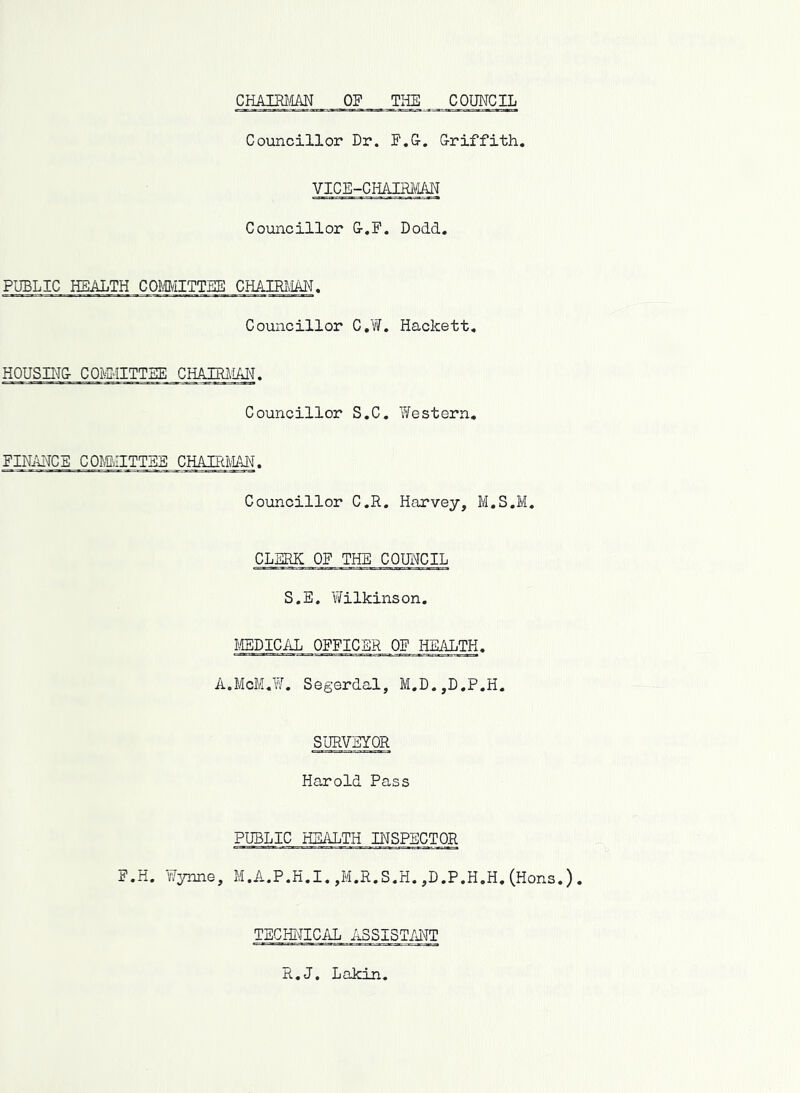 CEAmm OF THE COUNCIL Councillor Dr. F.G. Griffith, VICE-CHAIRiM Councillor G.F. Dodd. PUBLIC HEALTH COMMITTEE CHAIRI',IM. Councillor C.W. Hackett, HOUSING COMITTEE CHAIMIAN. Councillor S.C. Western. FINANCE COmilTTEE CHAIRMi^. Councillor C.R. Harvey, M.S.M. CLERK OF THE COUNCIL S.E, Wilkinson, mmcAL OFFICER OF HEALTH, A.McM.W. Segerdal, M,D.,D,P.H, SURVEYOR Harold Pass PUBLIC HEALTH n'TSPECTOR F.H. 'Wynne, M.A.P.H.I. ,M.R.S.H. ,D.P.H.H. (Hons. TECm^ICAL ASSISTAIW R.J. Lakin