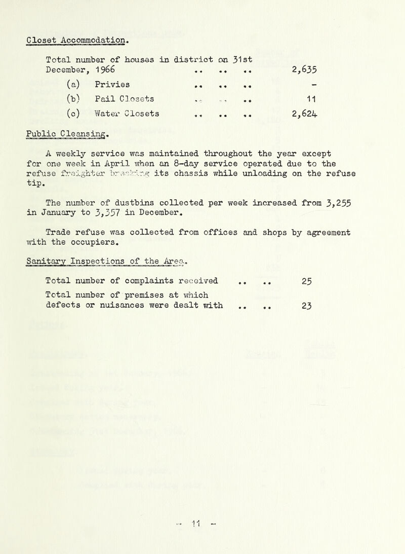 Gloset Accommodation. Total number of houses in district on 51st December, 1966 « • • # « « 2,635 (a) Privies - (t) Pail Closets 11 (o) Watex’ Closets « « « « « a 2,624 Public Cleansing.. A weekly service was maintained throughout the year except for one week in April when an 8-day service operated due to the refuse freighter breolrlr.g its chassis while unloading on the refuse tip. The number of dustbins collected per week increased from 3^255 in January to 3i357 in December. Trade refuse was collected from offices and shops by agreement with the occupiers. Sanitary Inspections of the Area. Total number of complaints received .. .. 25 Total number of premises at which defects or nuisances were dealt with .. .. 23 11