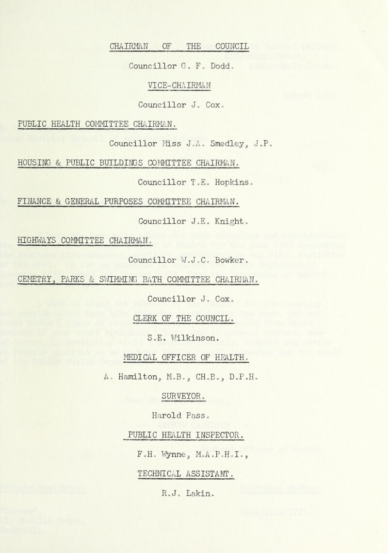 CHAIRmn OF THE COUNCIL Councillor G„ Fo Doddo VlCE°CH;ilRimN Councillor Jo CoXo PUBLIC HEALTH COMUTTEE CHilimNo Councillor liLss JoAo Smedley^ JoPo HOUSING & PUBLIC BUILDINGS COMMITTEE CHAIRPblNo Councillor ToEo Hopkins« FINANCE ^ GENER/iL PURPOSES COMIETTEE CHAimN. Councillor JoEo Knight» HIGHWAYS COj^MITTEE CHAIRMAN o Councillor WoJoCo Bowkero CEMETRY, PARKS & STTOCNG BATH COMUTTEE CH/aKiANo Councillor J, Cox. CLERK OF THE COUNCIL, SoE, Wilkinson., MEDICAL OFFICER OF HEALTHo Ao Hamilton^ MoBo^ CHoBo^ DoPoHo SURVEYOR, Harold Pass, PUBLIC HEALTH INSPECTOR, FoHo kVnne, MoAoPoH,!,, TECHNICAL ASSISTANT, R,J, Lakin