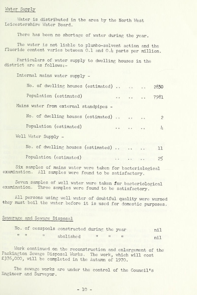 Water Supply Water is distributed in the area by the North West Leicestershire Water Board. There has been no shortage of water during the year. The water is not liable to plumbo-solvent action and the fluoride content varies between 0.1 a,nd O.Ij. parts per million. Particulars of water supply to dwelling houses in the district are as follows:- Internal mains water supply - Wo. of dwelling houses (estimated) .. Population (estimated) Mains water from external standpipes - No. of dwelling houses (estimated) .. Population (estimated) V7ell Water Supply - Wo. of dwelling houses (estimated) .. Population (estimated) Six samples of mains water were taken for bacteriological examination. All samples were found to be satisfactory. ^Seven samples of well water were taken for bacteriological examination. Three samples were found to be satisfactory. ■^*11 ps^sons using well water of doubtful quality were warned they must boil the x-rater before it is used for domestic purposes. 2830 7981 2 11 2^ Sewerage and Sewage Disposal No. of cesspools constructed during the year   ” abolished ^Work continued on the reconstruction and enlargement of the Packington Sewage Disposal Works. The work^ which will cost £376^0005 x-jill be completed in the Autumn of 1970. The sewage works are under the control of the Council's Engineer and Surveyor. nil nil - 10 -