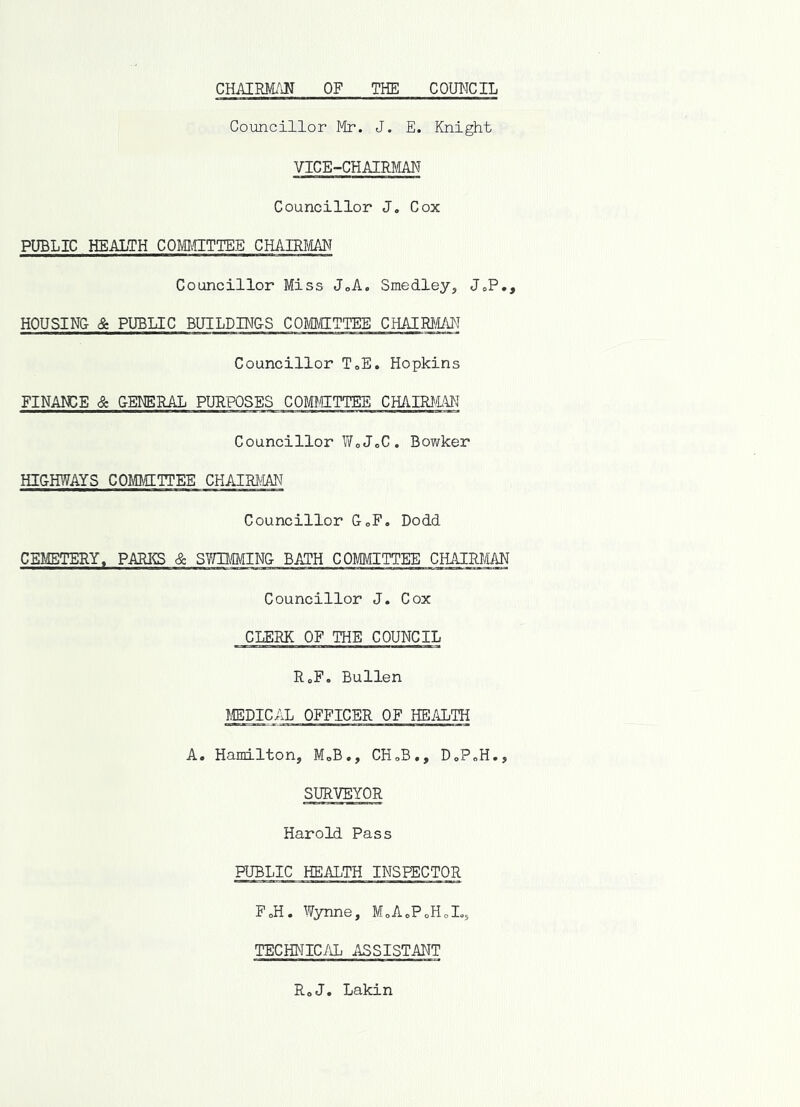 CHAIRMAN OF THE COUNCIL Councillor Mr. J. E. Knight VICE-CHAIRm Councillor J, Cox PUBLIC HEALTH COMCTTTEE CHAIRMAN Councillor Miss JoA, Smedley, JoP., HOUSING & PUBLIC BUILDINGS COMMITTEE CHAIRI,UIN Councillor ToE. Hopkins FINANCE & GENERAL PURPOSES COmCTTEE CHAEUIAN Councillor VfoJoC. Bowker HIGHWAYS COMMITTEE CHAIM/IAN Councillor GoF. Dodd CEMETERY. PARIg & SY/nmiNG BATH COMMITTEE CHAIRMlAN Councillor J. Cox CLERK OF THE COUNCIL RoF, Bullen ItEDICAL OFFICER OF HEALTH A. Hamilton, M„B., CHoB., DoPoH., SURVEYOR Harold Pass PUBLIC HEALTH INSPECTOR FoH. Wynne, M.AoPoHoL, TECHNIC/lL ASSISTANT RoJ. Lakin