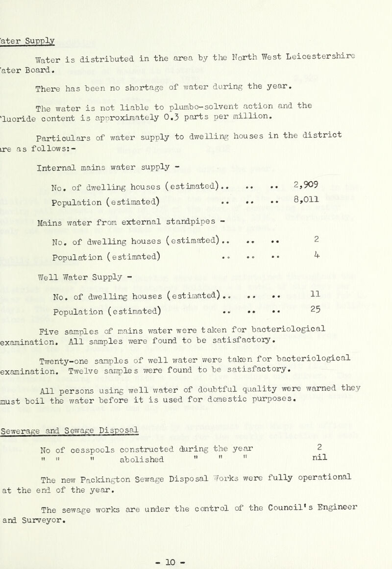 ’ater Supply Water is distributed in the area by the North Yfest Leicestershire 'ater Board. There has been no shortage of y;ater during the year. The water is not liable to plurnbO”*solvent action and the 'luoride content is approximately 0,3 parts per million. Particulars of water supply to dwelling houses in the district ire as follows;- Internal mains water supply -■ No, of dwelling houses (estimated).. Population (estimated) Mains water from external standpipes - No, of dwelling houses (estimated),. Population (estimated) Well Water Supply - No. of dwelling houses (estimated),. Population (estimated) Five samples of mains water were taken for bacteriological examination. All samples v/ere found to be satisfactory. Twenty-one samples of well water y/ere taken for bacteriological examination. Twelve samples were found to be satisfactory. All persons using well water of doubtful quality were warned they must boil the water before it is used for domestic purposes. .. 2,909 8,011 2 4 .. 11 25 No of cesspools constructed during the year  ” ” abolished ”   2 nil The new Packington Sewage Disposal Works were fully operational at the end of the year. The sewage works are under the control of the Council’s Engineer arxi Surveyor.