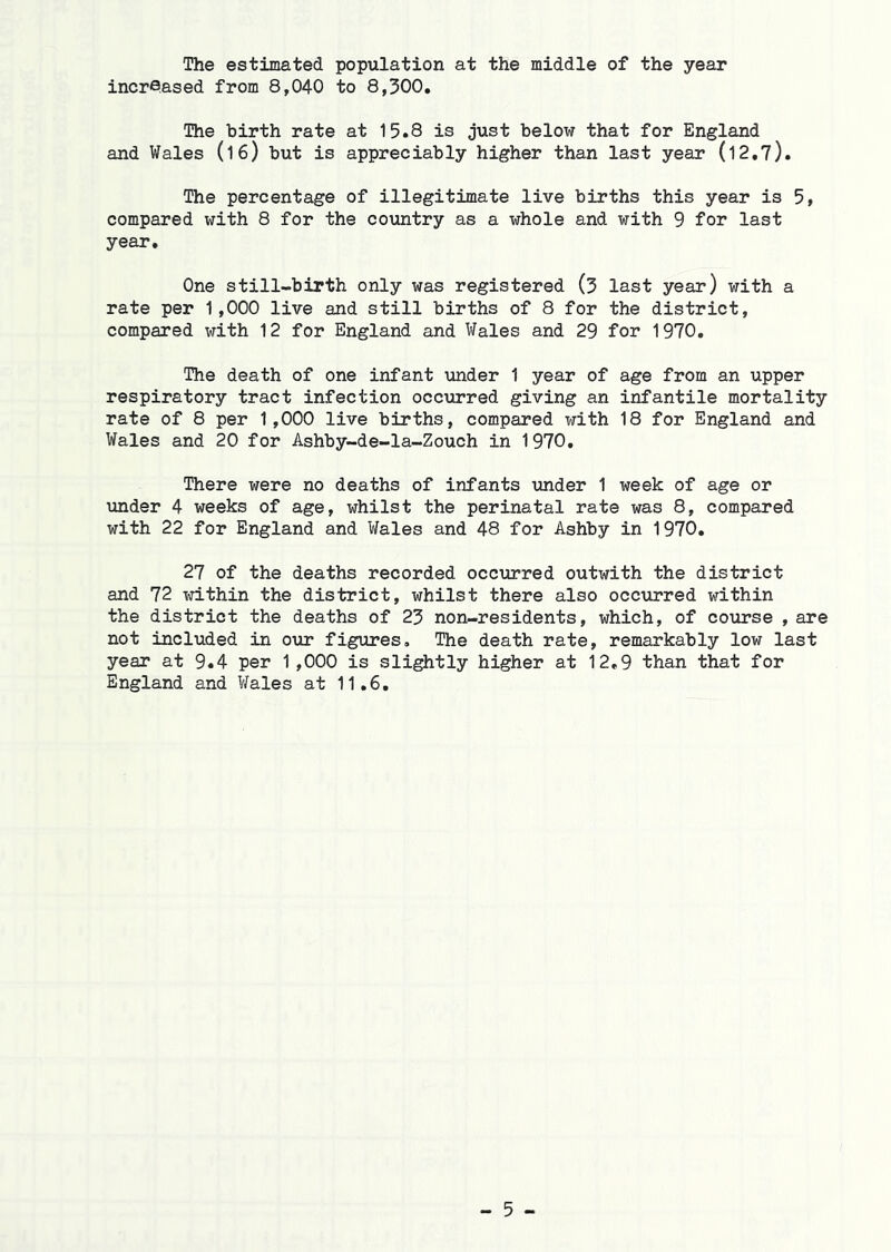 The estimated population at the middle of the year increased from 8,040 to 8,300. The birth rate at 15.8 is just below that for England and Wales (l6) but is appreciably higher than last year (l2.7). The percentage of illegitimate live births this year is 5, compared with 8 for the country as a whole and with 9 for last year. One still-birth only was registered (3 last year) with a rate per 1,000 live and still births of 8 for the district, compared with 12 for England and Wales and 29 for 1970. The death of one infant \mder 1 year of age from an upper respiratory tract infection occ\irred giving an infantile mortality rate of 8 per 1,000 live births, compared with 18 for England and Wales and 20 for Ashby-de-la-Zouch in 1970. There were no deaths of infants under 1 week of age or under 4 weeks of age, whilst the perinatal rate was 8, compared with 22 for England and Wales and 48 for Ashby in 1970. 27 of the deaths recorded occurred outwith the district and 72 within the district, whilst there also occurred within the district the deaths of 23 non-residents, which, of course , are not included in our figures. The death rate, remarkably low last year at 9.4 per 1,000 is slightly higher at 12,9 than that for England and Wales at 11.6. - 5 -