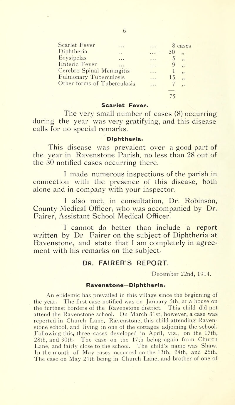 Scarlet Fever Diphtheria Erysipelas Enteric Fever Cerebro Spinal Meningitis Pulmonary Tuberculosis Other forms of Tuberculosis 8 cases 30 „ 5 9 „ 1 „ 15 „ 1 „ 75 Scarlet Fever. The very small number of cases (8) occurring during the year was very gratifying, and this disease calls for no special remarks. Diphtheria. This disease was prevalent over a good part of the year in Ravenstone Parish, no less than 28 out of the 30 notified cases occurring there. I made numerous inspections of the parish in connection with the presence of this disease, both alone and in company with your inspector. I also met, in consultation. Dr. Robinson, County Medical Officer, who was accompanied by Dr. Fairer, Assistant School Medical Officer. I cannot do better than include a report written by Dr. Fairer on the subject of Diphtheria at Ravenstone, and state that I am completely in agree- ment with his remarks on the subject. Dr. FAIRER’S report. December 22nd, 1914. Ravenstone—Diphtheria. An eiiidemic has prevailed in this village since the beginning of the year. The first case notified was on January 5th, at a house on the furthest borders of the Ravenstone district. This child did not attend the Ravenstone school. On March 31st, however, a case was reported in Church Lane, Ravenstone, this child attending Raven- stone school, and living in one of the cottages adjoining the school. Following this, three cases developed in April, viz., on the 17th, 28th, and 30th. The case on the 17th being again from Church Lane, and fairly close to the school. 'Fhe child’s name was Shaw. In the month of May cases occurred on the 13th, 24th, and 26th. The case on May 24th being in Church Lane, and brother of one of