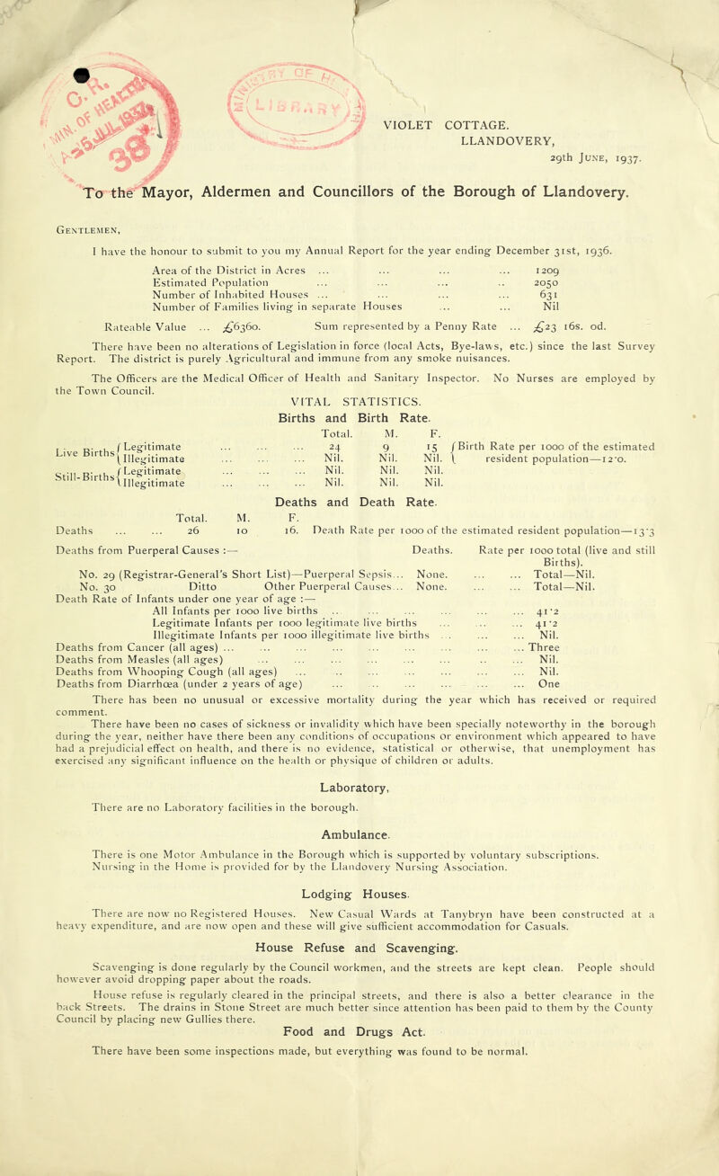 Gentlemen, I have the honour to submit to you my Annual Report for the year ending December 31st, 1936. Area of the District in Acres ... ... ... ... 1209 Estimated Population ... ... ... ,. 2050 Number of Inhabited Houses ... ... ... ... 631 Number of Families living in separate Houses ... ... Nil Rateable Value ... ;^636o. Sum represented by a Penny Rate ... ;^23 i6s. od. There have been no alterations of Legislation in force (local Acts, Bye-laws, etc.) since the last Survey Report. The district is purely Agricultural and immune from any sm.oke nuisances. The Officers are the Medical Officer of Health and Sanitary Inspector. No Nurses are employed by the Town Council. VITAL STATISTICS. Births and Birth Rate. Total. M. F. (Legitimate 24 9 15 /Birth Rate per 1000 of the estimated (Illegitimate Nil. Nil. Nil. ( resident population—i2'o. /Legitimate Nil. Nil. Nil. 1 Illegitimate Nil. Nil. Nil. Deaths and Death Rate. Deaths Total. 26 M. 10 16. Death Rate per 1000 of the estimated resident population—13'3 Deaths from Puerperal Causes :— No. 29 (Registrar-General’s Short List) — Puerperal Sepsis... No. 30 Ditto Other Puerperal Causes... Death Rate of Infants under one year of age ; — All Infants per 1000 live births Deaths from Cancer (all ages) ... Deaths from Measles (all ages) Deaths from Whooping Cough (all ages) Deaths from Diarrhoea (under 2 years of age) Deaths. Rate per 1000 total (li Births). None. Total—Nil. None. Total—Nil. 4i'2 s 41'2 rths Nil. ... Three Nil. Nil. One I There has been no unusual or excessive mortality during the year w'hich has received or required comment. There have been no cases of sickness or invalidity which have been specially noteworthy in the borough during the 3'ear, neither have there been any conditions of occupations or environment which appeared to have had a prejudicial effect on health, and there is no evidence, statistical or otherwise, that unemployment has exercised an}' significant influence on the health or physique of children or adults. Laboratory, There are no Laboratory facilities in the borough. Ambulance. There is one Motor .‘\mbulance in the Borough which is supported bv voluntary subscriptions. Nursing in the Home is provided for by the Llandovery Nursing Association. Lodging Houses. There are now no Registered Houses. New Casual Wards at Tanybryn have been constructed at a heavy expenditure, and are now open and these will give sufficient accommodation for Casuals. House Refuse and Scavenging. Scavenging is done regularly by the Council workmen, and the streets are kept clean. People should however avoid dropping paper about the roads. House refuse is regularly cleared in the principal streets, and there is also a better clearance in the back Streets. The drains in Stone Street are much better since attention has been paid to them by the County Council bj' placing new Gullies there. Food and Drugs Act. There have been some inspections made, but everything was found to be normal. 1