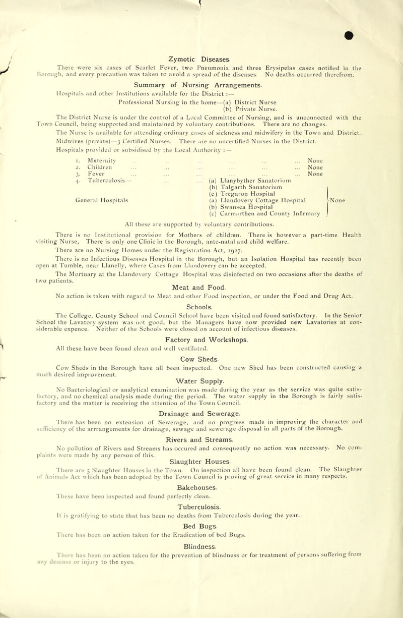 Zymotic Diseases. There were six cases of Scarlet Fever, two Pneumonia and three Erysipelas cases notified in the Borough, and every precaution was taken to avoid a spread of the diseases. No deaths occurred therefrom. Summary of Nursing Arrangements. Hospitals and other Institutions available for the District :— Professional Nursing in the home—(a) District Nurse (h) Private Nurse. The District Nurse is under the control of a Local Committee of Nursing, and is unconnected with the Town Council, being supported and m;untained by voluntar)' contributions. There are no changes. The Nurse is available for attending ordinary cases of sickness and midwifery in the Town and District. Midwives (private)—3 Certified Nurses. There are no uncertified Nurses in the District. Hospitals provided or subsidised b)' the Local .Authority : — 1. Maternity ... ... ... None 2. Children ... ... ... ... ... ... None 3. Fever ... ... ... ... ... ... None 4. Tuberculosis— ... ... (a) Llanybyther Sanatorium (b) Talgarth Sanatorium | (c) Tregaron Hospital General Hospitals (a) Llandovery Cottage Hospital [None (b) Swansea Hospital (c) Carmarthen and County Infirmary j All these are supported b\' voluntary contributions. There is no Institutional provision for Mothers of children. There is however a part-time Health visiting Nurse, There is only one Clinic in the Borough, ante-natal and child welfare. There are no Nursing Homes under the Registration Act, 1927. There is no Infectious Diseases Hospital in the Borough, but an Isolation Hospital has recently been open at Tumble, near Llanelly, where Cases from Llandovery can be accepted. The Mortuary at the Llandovery Cottage Hospital was disinfected on two occasions after the deaths of two patients. Meat and Food. No action is taken with regard to .Meat and other Food inspection, or under the Food and Drug Act. Schools. The College, County School and Council School have been visited and found satisfactory. In the Senior School the Lavatory system was not good, but the Managers have now provided new Lavatories at con- siderable expence. Neither of the Schools were closed on account of infectious diseases. Factory and Workshops. All these have been found clean and well ventilated. Cow Sheds. Cow Sheds in the Borough have all been inspected. One new Shed has been constructed causing a much desired improvement. Water Supply. No Bacteriological or analytical examination was made duritig the year as the service was quite satis- factory, and no chemical analysis made during the period. The water supply in the Borough is fairly satis- factory and the matter is receiving the attention of the Town Council. Drainage and Sewerage. There has been no extension of Sewerage, and no progress made in improving the character and sufficiency of the arrrangements for drainage, sewage and sewei age disposal in all parts of the Borough. Rivers and Streams. No pollution of Rivers and Streams has occured and consequently no action was necessary. No com- plaints were made by any person of this. Slaughter Houses. There are 5 .Slaughter Houses in the Town. On inspection all have been found clean. The Slaughter f .Animals Act which has been adopted by the Town Council is proving of great service in many respects. Bakehouses. I hese have been inspected and found perfectly clean. Tuberculosis. It is gratifying to state that has been no deaths from Tuberculosis during the year. Bed Bugs. There has been no action taken for the Eradication of bed Bugs. Blindness. 1 hero has been no action taken for the prevention of blindness or for treatment of persons suffering from any desease or injury to the eyes.