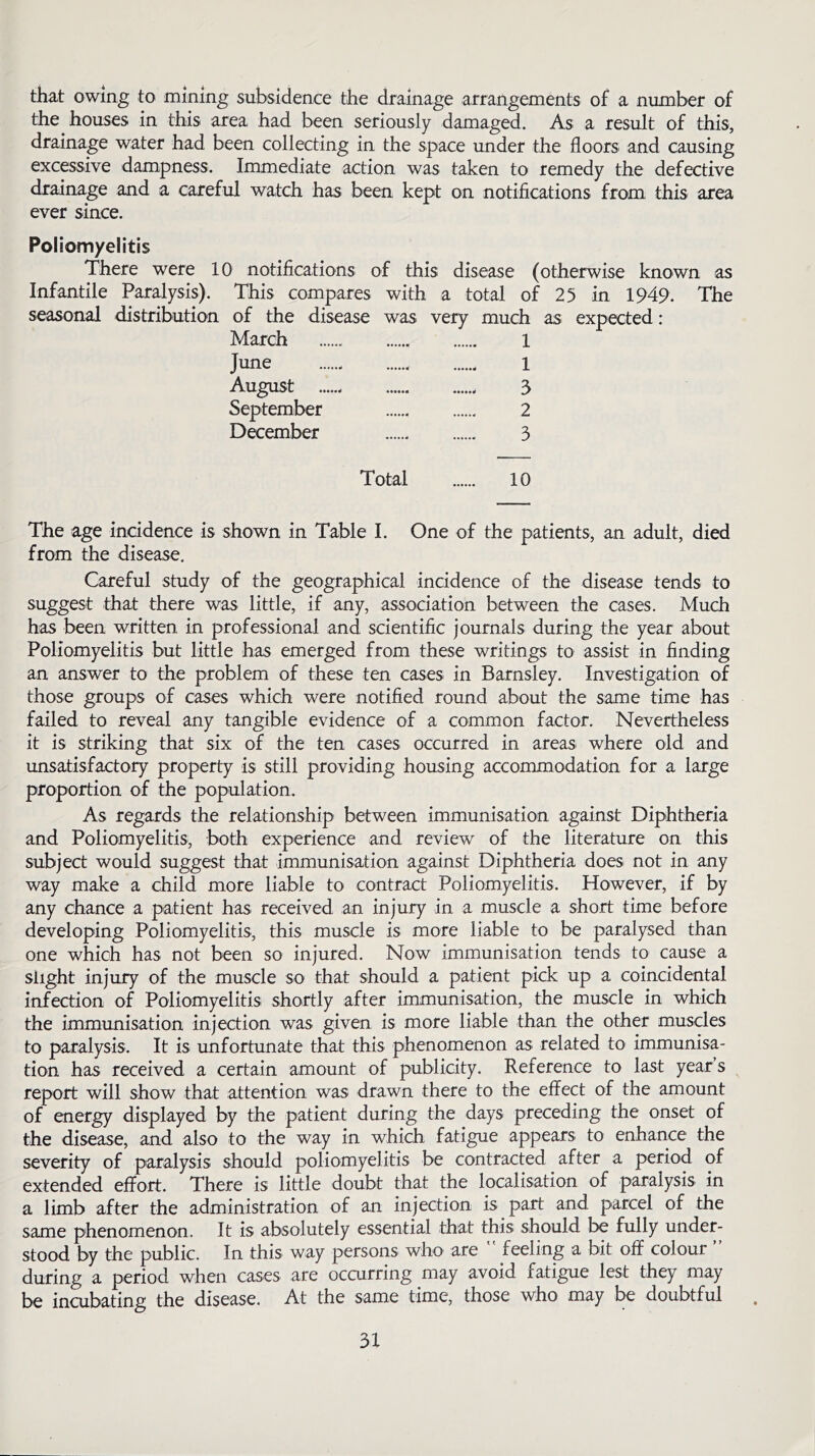 that owing to mining subsidence the drainage arrangements of a number of the houses in this area had been seriously damaged. As a result of this, drainage water had been collecting in the space under the floors and causing excessive dampness. Immediate action was taken to remedy the defective drainage and a careful watch has been kept on notifications from this area ever since. Poliomyelitis There were 10 notifications of this disease (otherwise known as Infantile Paralysis). This compares with a total of 25 in 1949. The seasonal distribution of the disease was very much as expected: March l June l August 3 September , 2 December 3 Total 10 The age incidence is shown in Table I. One of the patients, an adult, died from the disease. Careful study of the geographical incidence of the disease tends to suggest that there was little, if any, association between the cases. Much has been written in professional and scientific journals during the year about Poliomyelitis but little has emerged from these writings to assist in finding an answer to the problem of these ten cases in Barnsley. Investigation of those groups of cases which were notified round about the same time has failed to reveal any tangible evidence of a common factor. Nevertheless it is striking that six of the ten cases occurred in areas where old and unsatisfactory property is still providing housing accommodation for a large proportion of the population. As regards the relationship between immunisation against Diphtheria and Poliomyelitis, both experience and review of the literature on this subject would suggest that immunisation against Diphtheria does not in any way make a child more liable to contract Poliomyelitis. However, if by any chance a patient has received an injury in a muscle a short time before developing Poliomyelitis, this muscle is more liable to be paralysed than one which has not been so injured. Now immunisation tends to cause a slight injury of the muscle so that should a patient pick up a coincidental infection of Poliomyelitis shortly after immunisation, the muscle in which the immunisation injection was given is more liable than the other muscles to paralysis. It is unfortunate that this phenomenon as related to immunisa- tion has received a certain amount of publicity. Reference to last year’s report will show that attention was drawn there to the effect of the amount of energy displayed by the patient during the days preceding the onset of the disease, and also to the way in which fatigue appears to enhance the severity of paralysis should poliomyelitis be contracted after a period of extended effort. There is little doubt that the localisation of paralysis in a limb after the administration of an injection is part and parcel of the same phenomenon. It is absolutely essential that this should be fully under- stood by the public. In this way persons who are  feeling a bit off colour ” during a period when cases are occurring may avoid xatigue lest they may be incubating the disease. At the same time, those who may be doubtful