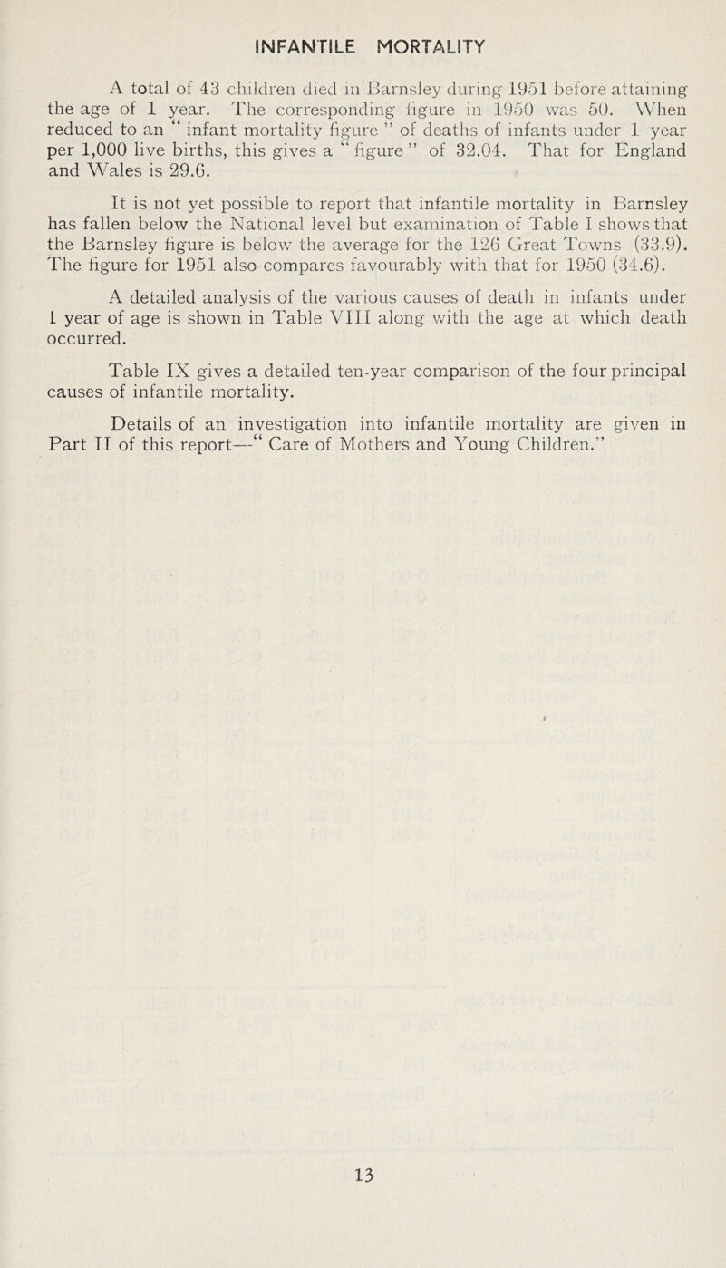 INFANTILE MORTALITY A total of 43 children died in Barnsley during 1951 before attaining the age of 1 year. The corresponding figure in 1950 was 50. When reduced to an ‘ infant mortality figure ” of deaths of infants under 1 year per 1,000 live births, this gives a “ figure ” of 32.04. That for England and Wales is 29.6. It is not yet possible to report that infantile mortality in Barnsley has fallen below the National level but examination of Table I shows that the Barnsley figure is below the average for the 126 Great Towns (33.9). The figure for 1951 also compares favourably with that for 1950 (34,6). A detailed analysis of the various causes of death in infants under i year of age is shown in Table VIII along with the age at which death occurred. Table IX gives a detailed ten-year comparison of the four principal causes of infantile mortality. Details of an investigation into infantile mortality are given in Part II of this report—“ Care of Mothers and Young Children.” i