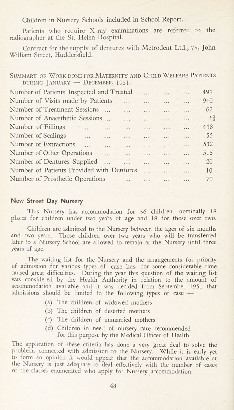 Children in Nursery Schools included in School Report. Patients who require X-ray examinations are referred to the radiographer at the St. Helen Hospital. Contract for the supply of dentures with Metrodent Ltd., 78, John William Street, Huddersfield. Summary of Work done for Maternity and Child Welfare Patients DURING January — December, 1951. Number of Patients Inspected and Treated ... ... ... 494 Number of Visits made by Patients ... 940 Number of Treatment Sessions ... ... ... ... ... 62 Number of Anaesthetic Sessions ... ... ... ... ... 62 Number of Fillings • ... 448 Number of Scalings ... ... ... ... ... ... 55 Number of Extractions ... ... ... ... ... ... 532 Number of Other Operations ... 515 Number of Dentures Supplied ... ... ... ... ... 20 Number of Patients Provided with Dentures 10 Number of Prosthetic Operations 70 New Street Day Nursery This Nursery has accommodation for 36 children—nominally 18 places for children under two years of age and 18 for those over two. Children are admitted to the Nursery between the ages of six months and two years. Those children over two years who will be transferred later to a Nursery School are allowed to remain at the Nursery until three years of age. The waiting list for the Nursery and the arrangements for priority of admission for various types of case has for some considerable time caused great difficulties. During the year this question of the waiting list was considered by the Health Authority in relation to the amount of accommodation available and it was decided from September 1951 that admissions should be limited to the following types of case:—■ (a) The children of widowed mothers (b) The children of deserted mothers (c) The children of unmarried mothers (d) Children in need of nursery care recommended for this purpose by the Medical Officer of Health. The application of these criteria has done a very great deal to solve the problems connected with admission to the Nursery. While it is early yet to form an opinion it would appear that the accommodation available at the Nursery is just adequate to deal effectively with the number of cases of the classes enumerated Vvdio apply for Nursery accommodation.