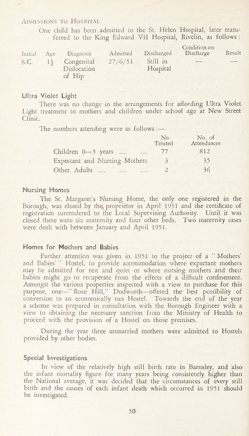 Admissions to Hospital One child has been admitted to ■ ferred to the King Edward Initial Age Diagnosis Admitted s.c. 1|- Congenital 27/6/51 Dislocation of Hip the St. Helen Hospital, later trans- VII Hospital, Rivelin, as follows : Condition on Discharged Discharge Result Still in — — Hospital Ultra Violet Light There was no change in the arrangements for affording Ultra Violet Light treatment to mothers and children under school age at New Street Clinic. The numbers attending were as follows : — No. Treated Children 0—5 years 77 Expectant and Nursing Mothers 3 Other Adults 2 No. of Attendances 812 35 36 ^4ursing Homes The St. Margaret’s Nursing Home, the only one registered in the Borough, was closed by thq proprietor in April 1951 and the certificate of registration surrendered to the Local Supervising Authority. Until it was closed there were six maternity and four other beds. Two maternity cases were dealt with between January and April 1951. Homes for Mothers and Babies Further attention was given in 1951 to the project of a Mothers’ and Babies’ ’’ Hostel, to provide accommodation where expectant mothers may be admitted for rest and quiet or where nursing mothers and their babies might go to recuperate from the effects of a difficult confinement. Amongst the various properties inspected with a view to purchase for this purpose, one— Rose Hill,’’ Dodworth—offered the best possibility of conversion to an economically run Hostel. Towards the end of the year a scheme was prepared in consultation with the Borough Engineer with a view to obtaining the necessary sanction from the Ministry of Health to proceed with the provision of a Hostel on those premises. During the year three unmarried mothers were admitted tO' Hostels provided by other bodies. Special Irivestigations In view of the relatively high still birth rate in Barnsley, and also the infant mortality figure for many years being consistently higher than the National average, it was decided that the ciraimstances of every still birth and the causes of each infant death which occurred in 1951 should be investigated.