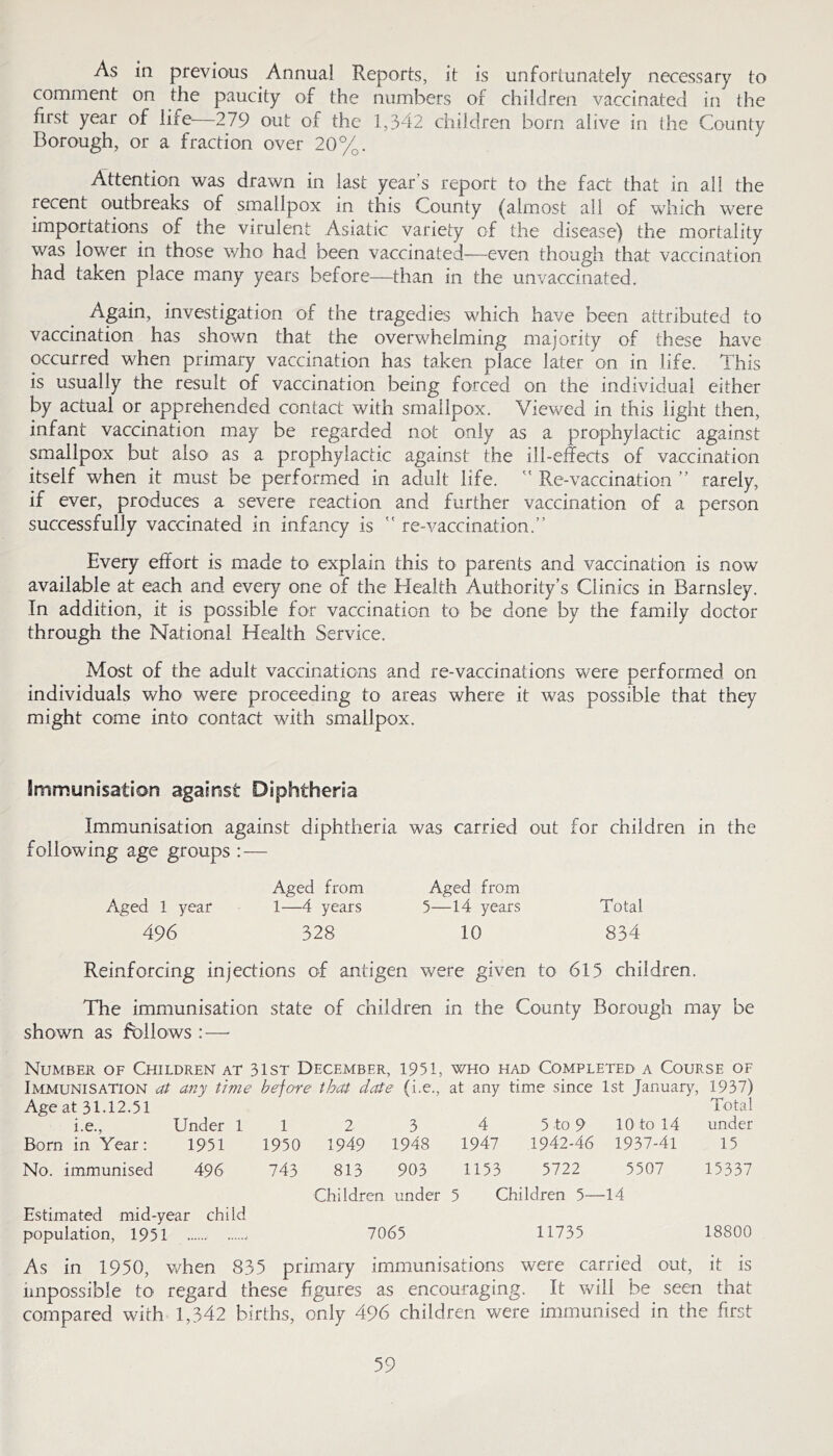 As in previous Annual Reports, it is unfortunately necessary to comment on the paucity of the numbers of children vaccinated in the first year of life—279 out of the 1,342 children born alive in the County Borough, or a fraction over 20%. Attention was drawn in last year’s report to the fact that in all the recent outbreaks of smallpox in this County (almost all of which were importations of the virulent Asiatic variety of the disease) the mortality was lower in those who had been vaccinated—even though that vaccination had taken place many years before—than in the unvaccinated. Again, investigation of the tragedies which have been attributed to vaccination has shown that the overwhelming majority of these have occurred when primary vaccination has taken place later on in life. This is usually the result of vaccination being forced on the individual either by actual or apprehended contact with smallpox. Viewed in this light then, infant vaccination may be regarded not only as a prophylactic against smallpox but also' as a prophylactic against the ill-effects of vaccination itself when it must be performed in adult life. ” Re-vaccination ” rarely, if ever, produces a severe reaction and further vaccination of a person successfully vaccinated in infancy is  re-vaccination.” Every effort is made to explain this to parents and vaccination is now available at each and every one of the Health Authority’s Clinics in Barnsley. In addition, it is possible for vaccination to be done by the family doctor through the National Health Service. Most of the adult vaccinations and re-vaccinations were performed on individuals who were proceeding to areas where it was possible that they might come into contact with smallpox. Immunisation against Diphtheria Immunisation against diphtheria was carried out for children in the following age groups : — Aged from Aged from Aged 1 year 1—4 years 5—14 years Total 496 328 10 834 Reinforcing injections of antigen were given to 615 children. The immunisation state of children in the County Borough may be shown as follows : — Number of Children at 31st December, 1951, who had Completed a Course of Immunisation dt any time before that date (i.e., at any time since 1st Januar}^, 1937) Age at 31.12.51 Total i.e.. Under 1 1 2 3 4 5 to 9 10 to 14 under Born in Year: 1951 1950 1949 1948 1947 1942-46 1937-41 15 No. immunised 496 743 813 903 1153 5722 5507 15337 Children under 5 Children 5—14 Estimated mid-year child population, 1951 7065 11735 18800 As in 1950, when 835 primary immunisations were carried out, it is impossible to regard these figures as encouraging. It vciil be seen that compared with 1,342 births, only 496 children were immunised in the first