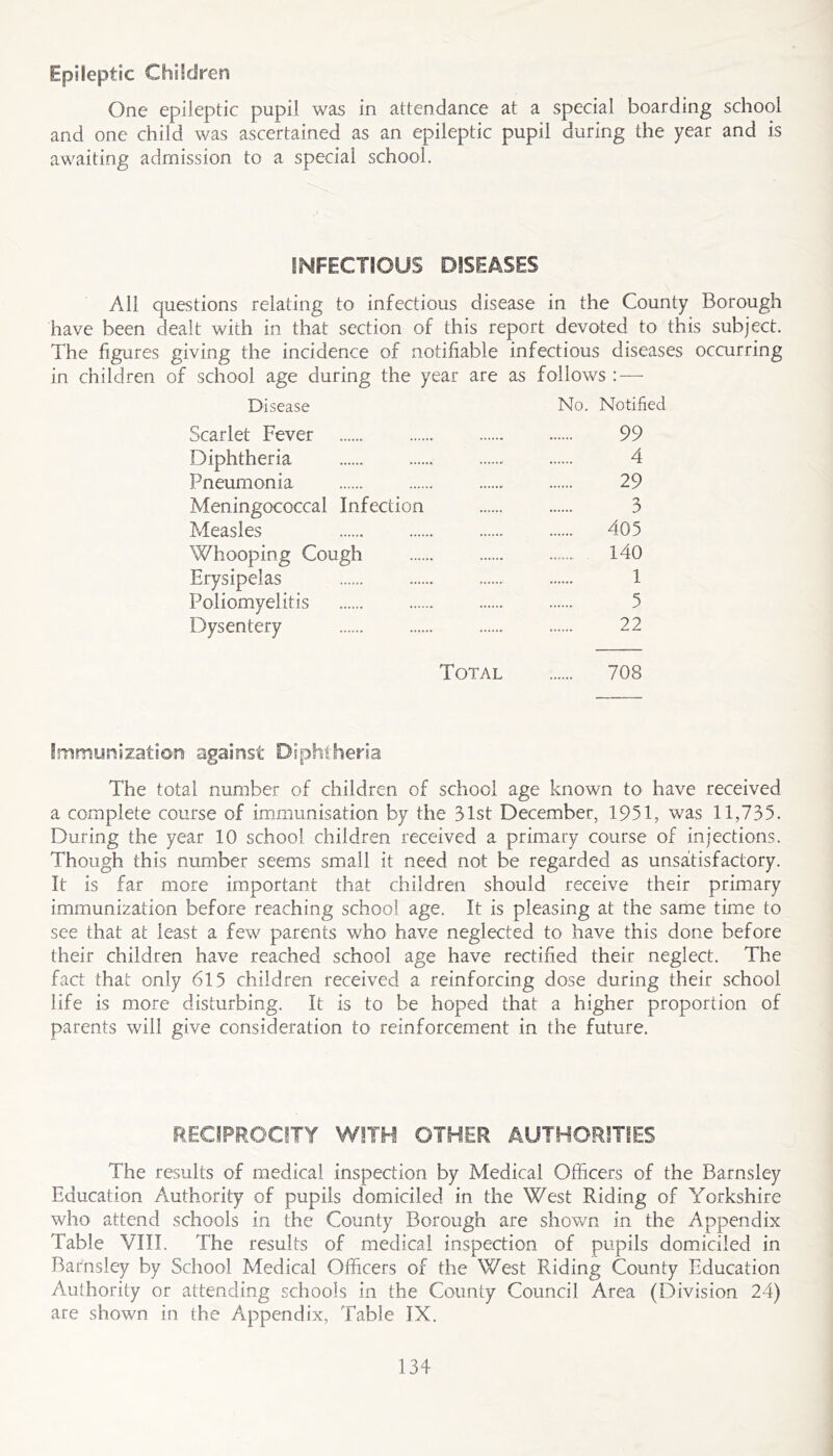 Epileptic Children One epileptic pupil was in attendance at a special boarding school and one child was ascertained as an epileptic pupil during the year and is awaiting admission to a special school. INFECTIOUS DISEASES All questions relating to infectious disease in the County Borough have been dealt with in that section of this report devoted to this subject. The figures giving the incidence of notifiable infectious diseases occurring in children of school age during the year are as follows: — Disease No. Notified Scarlet Fever 99 Diphtheria 4 Pneumonia 29 Meningococcal Infection 3 Measles 405 Whooping Cough 140 Erysipelas 1 Poliomyelitis 5 Dysentery ...... 22 Total 708 Immursization against Diphtheria The total number of children of school age known to have received a complete course of immunisation by the 31st December, 1951, was 11,735. During the year 10 school children received a primary course of injections. Though this number seems small it need not be regarded as unsatisfactory. It is far more important that children should receive their primary immunization before reaching school age. It is pleasing at the same time to see that at least a few parents who have neglected to have this done before their children have reached school age have rectified their neglect. The fact that only 615 children received a reinforcing dose during their school life is more disturbing. It is to be hoped that a higher proportion of parents will give consideration to reinforcement in the future. RECIPROCITY WITH OTHER AUTHORITIES The results of medical inspection by Medical Officers of the Barnsley Education Authority of pupils domiciled in the West Riding of Yorkshire who attend schools in the County Borough are shov/n in the Appendix Table VIII. The results of medical inspection of pupils domiciled in Barnsley by School Medical Officers of the West Riding County Education Authority or attending schools in the County Council Area (Division 24) are shown in the Appendix, Table IX.