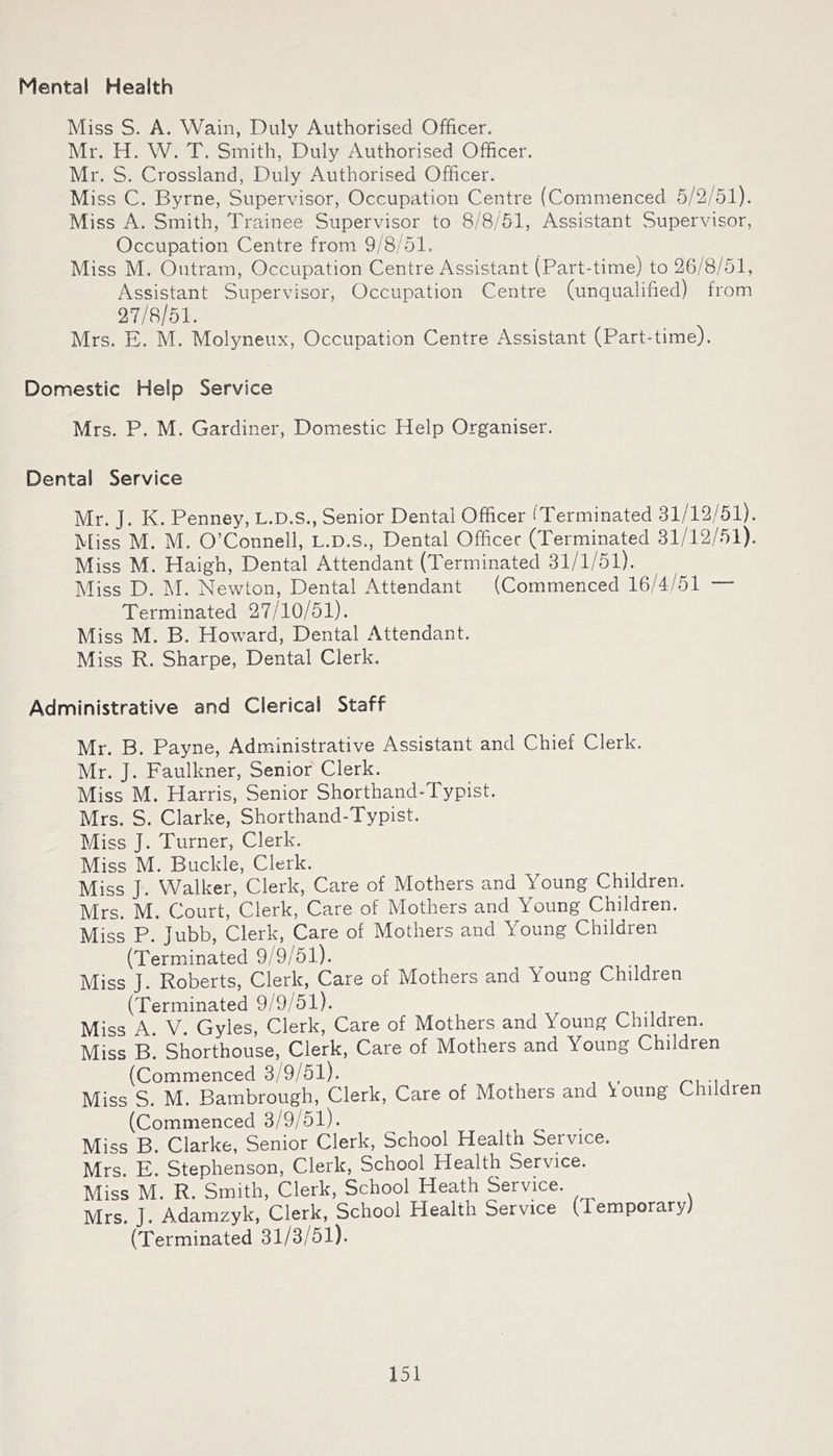 Mental Health Miss S. A. Wain, Duly Authorised Officer. Mr. H. W. T. Smith, Duly Authorised Officer. Mr. S. Crossland, Duly Authorised Officer. Miss C. Byrne, Supervisor, Occupation Centre (Commenced 5/2/51). Miss A. Smith, Trainee Supervisor to 8/8/51, Assistant Supervisor, Occupation Centre from 9/8/51. Miss M. Outram, Occupation Centre Assistant (Part-time) to 26/8/51, Assistant Supervisor, Occupation Centre (unqualified) from 27/8/51. Mrs. E. M. Molyneux, Occupation Centre Assistant (Part-time). Domestic Help Service Mrs. P. M. Gardiner, Domestic Help Organiser. Dental Service Mr. J. K. Penney, L.D.S., Senior Dental Officer ('Terminated 31/12/51). Miss M. M. O’Connell, L.D.S., Dental Officer (Terminated 31/12/51). Miss M. Haigh, Dental Attendant (Terminated 31/1/51). Miss D. j\I. Newton, Dental Attendant (Commenced 16/4/51 — Terminated 27/10/51). Miss M. B. Howard, Dental Attendant. Miss R. Sharpe, Dental Clerk. Administrative and Clerical Staff Mr. B. Payne, Administrative Assistant and Chief Clerk. Mr. J. Faulkner, Senior Clerk. Miss M. Harris, Senior Shorthand-Typist. Mrs. S. Clarke, Shorthand-Typist. Miss J. Turner, Clerk. Miss M. Buckle, Clerk. Miss J. Walker, Clerk, Care of Mothers and Young Children. Mrs. M. Court, Clerk, Care of Mothers and Young Children. Miss P. Jubb, Clerk, Care of Mothers and Young Children (Termnnated 9/9/51). Miss J. Roberts, Clerk, Care of Mothers and Young Children (Terminated 9/9/51). Miss A V. Gyles, Clerk, Care of Mothers and Young Children. Miss B. Shorthouse, Clerk, Care of Mothers and Young Children (Commenced 3/9/51). Miss S. M. Bambrough, Clerk, Care of Mothers and 'loung Children (Commenced 3/9/51). Miss B. Clarke, Senior Clerk, School Health Service. Mrs. E. Stephenson, Clerk, School Health Service. Miss M. R. Smith, Clerk, School Heath Service. Mrs. J. Adamzyk, Clerk, School Health Service (Temporary) (Terminated 31/3/51).