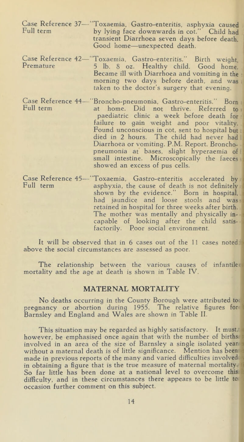 Case Reference 37—‘‘Toxaemia, Gastro-enteritis, asphyxia caused Full term by lying face downwards in cot.” Child had transient Diarrhoea seven days before death. Good home—unexpected death. Case Reference 42—‘‘Toxaemia, Gastro-enteritis.” Birth weight. Premature 5 lb. 8 oz. Healthy child. Good home. Became ill with Diarrhoea and vomiting in the • morning two days before death, and was taken to the doctor’s surgery that evening. Case Reference 44—“Broncho-pneumonia, Gastro-enteritis.” Born Full term at home. Did not thrive. Referred to paediatric clinic a week before death for failure to gain weight and poor vitality. Found unconscious in cot, sent to hospital but died in 2 hours. The child had never had Diarrhoea or vomiting. P.M. Report. Broncho- pneumonia at bases, slight hyperaemia of : small intestine. Microscopically the faeces showed an excess of pus cells. Case Reference 45—‘‘Toxaemia, Gastro-enteritis accelerated by < Full term asphyxia, the cause of death is not definitely I shown by the evidence.” Born in hospital, ; had jaundice and loose stools and was-; retained in hospital for three weeks after birth. The mother was mentally and physically in- ; capable of looking after the child satis- i factorily. Poor social environment. It will be observed that in 6 cases out of the 11 cases noted < above the social circumstances are assessed as poor. The relationship between the various causes of infantile i mortality and the age at death is shown in Table IV. MATERNAL MORTALITY No deaths occurring in the County Borough were attributed to pregnancy or abortion during 1955. The relative figures for I Barnsley and England and Wales are shown in Table II. This situation may be regarded as highly satisfactory. It must, i however, be emphasised once again that with the number of births ) involved in an area of the size of Barnsley a single isolated year i without a maternal death is of little significance. Mention has been 5 made in previous reports of the many and varied difficulties involved . in obtaining a figure that is the true measure of maternal mortality- i So far little has been done at a national level to overcome this : difficulty, and in these circumstances there appears to be little to occasion further comment on this subject.