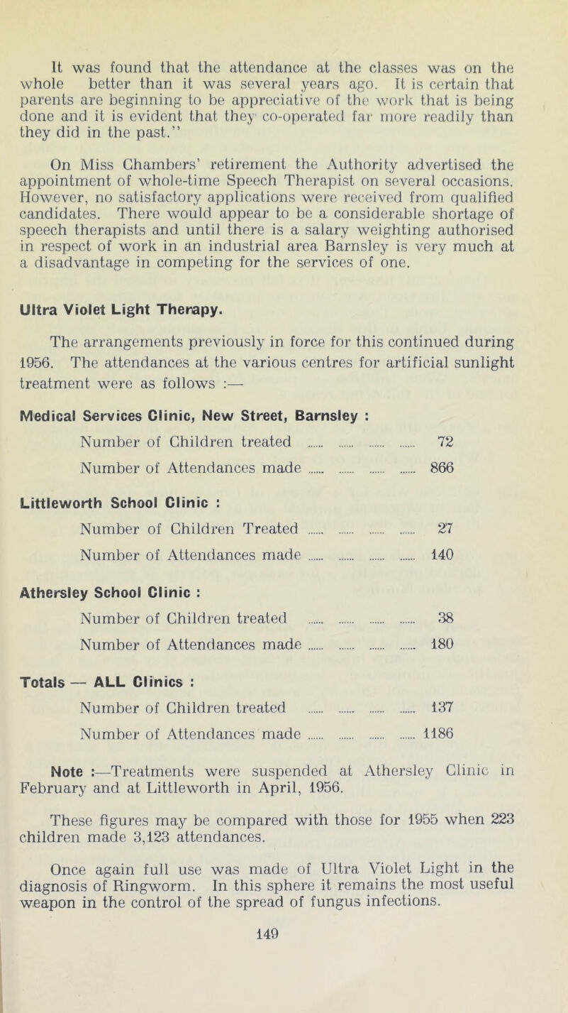 It was found that the attendance at the classes was on the whole better than it was several years ago. It is certain that parents are beginning to be appreciative of the work that is being done and it is evident that they co-operated far more readily than they did in the past.” On Miss Chambers’ retirement the Authority advertised the appointment of whole-time Speech Therapist on several occasions. However, no satisfactory applications were received from qualified candidates. There would appear to be a considerable shortage of speech therapists and until there is a salary weighting authorised in respect of work in an industrial area Barnsley is very much at a disadvantage in competing for the services of one. Ultra Violet Light Therapy. The arrangements previously in force for this continued during 1956. The attendances at the various centres for artificial sunlight treatment were as follows :— Medical Services Clinic, New Street, Barnsley : Number of Children treated 72 Number of Attendances made 866 Littleworth School Clinic : Number of Children Treated 27 Number of Attendances made 140 Athersley School Clinic : Number of Children treated 38 Number of Attendances made 180 Totals — ALL Clinics : Number of Children treated 137 Number of Attendances made 1186 Note Treatments were suspended at Athersley Clinic in February and at Littleworth in April, 1956. These figures may be compared with those for 1955 when 223 children made 3,123 attendances. Once again full use was made of Ultra Violet Light in the diagnosis of Ringworm. In this sphere it remains the most useful weapon in the control of the spread of fungus infections.