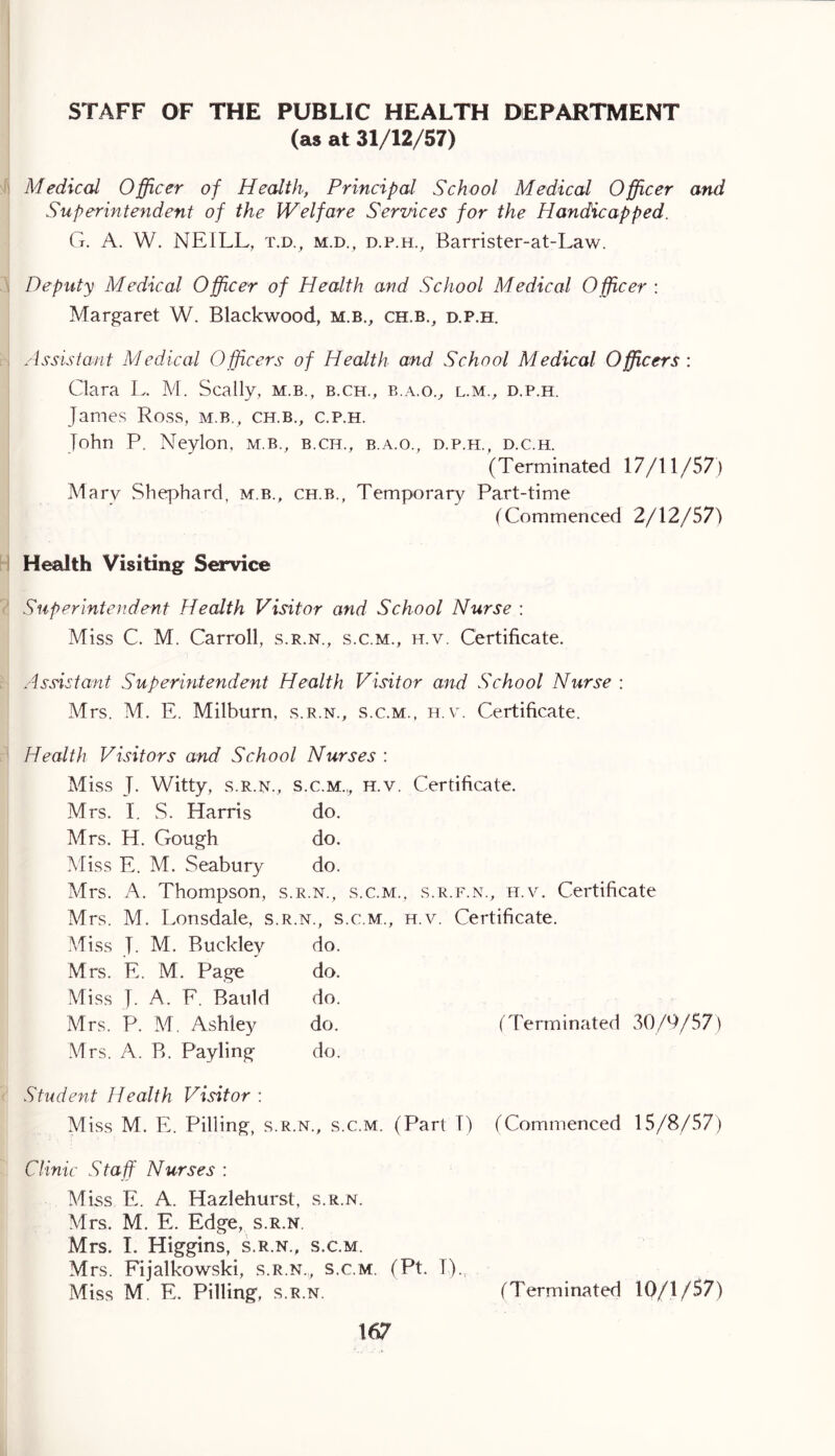 STAFF OF THE PUBLIC HEALTH DEPARTMENT (as at 31/12/57) Medical Officer of Health, Principal School Medical Officer and Superintendent of the Welfare Services for the Handicapped. G. A. W. NEILL, t.d., m.d., d.p.h., Barrister-at-Law. Deputy Medical Officer of Health and School Medical Officer : Margaret W. Blackwood, m.b., ch.b., d.p.h. h Assistant Medical Officers of Health and School Medical Officers : Clara L. M. Scally, m.b., b.ch., b.a.o., l.m., d.p.h. James Ross, m.b., ch.b., c.p.h. John P. Neylon, m.b., b.ch., b.a.o., d.p.h., d.c.h. (Terminated 17/11/57) Mary Shephard, m b., ch.b., Temporary Part-time (Commenced 2/12/57) Health Visiting Service Superintendent Health Visitor and School Nurse : Miss C. M. Carroll, s.r.n., s.c.m., h.v. Certificate. Assistant Superintendent Health Visitor and School Nurse : Mrs. M. E. Milburn, s.r.n., s.c.m., h.v. Certificate. Health Visitors and School Nurses : Miss J. Witty, s.r.n., s.c.m., h.v. Certificate. Mrs. I. S. Harris do. Mrs. H. Gough do. Miss E. M. Seabury do. Mrs. A. Thompson, s.r.n., s.c.m., s.r.f.n., h.v. Certificate Mrs. M. Lonsdale, s .r.n., s.c.m., h.v. Certificate. Miss J. M. Buckley do. Mrs. E. M. Page do. Miss ]. A. F. Bauld do. Mrs. P. M. Ashley do. (Terminated 30/9/57) Mrs. A. B. P ay ling Student Health Visitor : do. Miss M. E. Pilling, s.r.n., s.c.m. (Part I) (Commenced 15/8/57) Clinic Staff Nurses : Miss E. A. Hazlehurst, s.r.n. Mrs. M. E. Edge, s.r.n. Mrs. I. Higgins, s.r.n., s.c.m. Mrs. Fijalkowski, s.r.n.,, s.c.m. (Pt. 1). Miss M. E. Pilling, s.r.n. (Terminated 10/1/57)