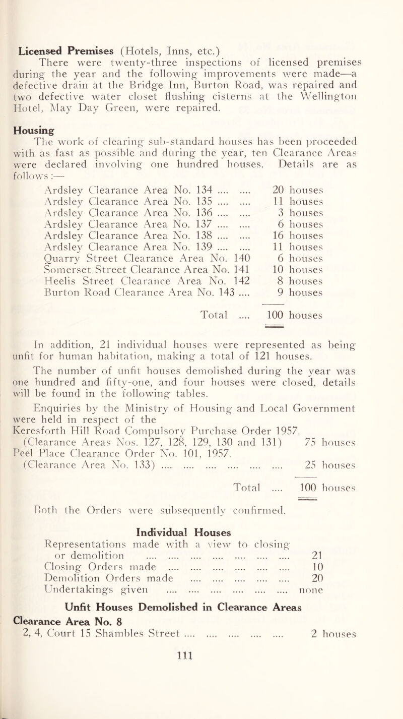 Licensed Premises (Hotels, Inns, etc.) There were twenty-three inspections of licensed premises during the year and the following improvements were made—a defective drain at the Bridge Inn, Burton Road, was repaired and two defective water closet flushing cisterns at the Wellington Hotel, May Day Green, were repaired. Housing Tlie work of clearing sub-standard houses has been i)roceeded with as fast as possible and during the year, ten Clearance Areas were declared involving one hundred houses. Details are as follows ;— Ardsley Clearance Area No. 134 Ardsley Clearance Area No. 135 Ardsley Clearance Area No. 136 Ardsley Clearance Area No. 137 Ardsley Clearance Area No. 138 Ardsley Clearance Area No. 139 Quarry Street Clearance Area No. 140 Somerset Street Clearance Area No. 141 Heelis Street Clearance Area No. 142 Burton Road Clearance Area No. 143 .... 20 houses 11 houses 3 houses 6 houses 16 houses 11 houses 6 houses 10 houses 8 houses 9 houses Total .... 100 houses In addition, 21 individual houses were represented as being unfit for human habitation, making a total of 121 houses. The number of unfit houses demolished during the year was one hundred and fifty-one, and four houses were closed, details will be found in the following tables. Enquiries by the Ministry of Housing and Local Government were held in respect of the Keresforth Hill Road Compulsory Purchase Order 1957. (Clearance Areas Nos. 127, 128, 129, 130 and 131) 75 houses Peel Place Clearance Order No. 101, 1957. (Clearance Area No. 133) 25 houses Total .... 100 houses Both the Orders were subsequently confirmed. Individual Houses Representations made wdth a vie^v to closing or demolition 21 Closing* Orders made 10 Demolition Orders made 20 Undertaking's given m^ne Unfit Houses Demolished in Clearance Areas Clearance Area No. 8 2, 4. Court 15 Shambles Street 2 houses in