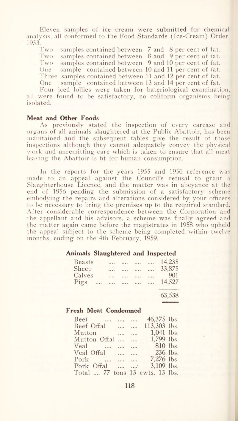 Eleven sarn[)les oi ice cream were submitted tor chemical analysis, all conformed to the Food Standards (Ice-Cream) Order, 1953. Two samples contained between 7 and 8 per cent of fat. Two samples contained between 8 and 9 per cent of fat. Txa'o samples contained between 9 and 10 per cent of fat. One sample contained betw^een 10 and 11 per cent of fat. Three samples contained between 11 and 12 per cent of fat. One sample contained between 13 and 14 per cent of fat. Four iced lollies were taken for bateriological examination, all were found to be satisfactory, no coliform organisms being isolated. Meat and Other Foods As previously stated the inspection of every carcase and organs of all animals slaughtered at the Public Abattoir, has been maintained and the subsequent tables give the result of those ins])ections although they cannot adequately convey the physical \\ ()rk and unremitting care which is taken to ensure that all meat lca\’ing the Abattoir is fit for human consumption. In the reports for the years 1955 and 1956 reference 'v^^as made to an appeal against the Council’s refusal to grant a Slaughterhouse Licence, and the matter was in abeyance at the end of 1956 pending the submission of a satisfactory scheme embodying the repairs and alterations considered by your officers to be necessary to bring the premises up to the required standard. After considerable correspondence between the Corporation and the appellant and his advisors, a scheme was finally agreed and the matter again came before the magistrates in 1958 who upheld the appeal subject to the scheme being completed within twelve months, ending on the 4th February, 1959. Animals Slaughtered and Inspected Beasts ♦ • • • .... 14,235 Sheep • • • • .... 33,875 Calves 901 Pigs »•»« .... 14,527 esh Meat Condemned Beef 63,538 46,375 lbs. Beef Offal 113,303 lbs. Mutton 1,041 lbs. Mutton Offal .... 1,799 lbs. Veal 810 lbs. Veal Offal 236 lbs. Pork 7,276 lbs. Pork Offal .... • 3,109 lbs. Total .... 77 tons 13 cwts. 13 lbs. 118 il