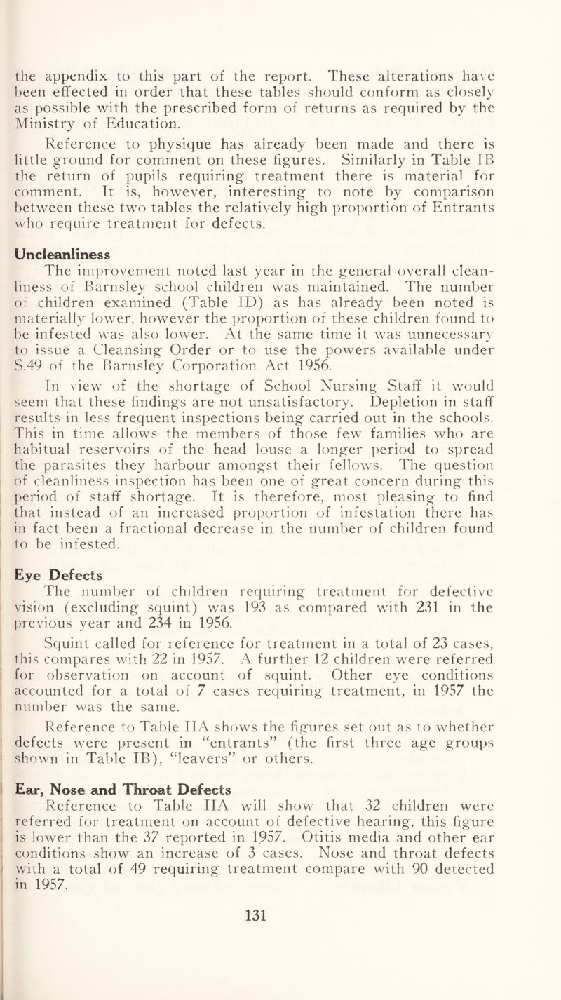 the appendix to this part of the report. These alterations ha^ e l)een effected in order that these tables should conform as closely as possible with the prescribed form of returns as required by the Ministry of Education. Reference to physique has already been made and there is little ground for comment on these figures. Similarly in Table IB the return of pupils requiring treatment there is material for comment. It is, however, interesting to note by comparison between these two tables the relatively high proportion of Entrants who require treatment for defects. Uncleanliness The improvement noted last year in the general overall clean- liness of Barnsley school children was maintained. The number of children examined (Table ID) as has already been noted is materially lower, however the proportion of these children found to be infested was also lower. At the same time it was unnecessar}^ to issue a Cleansing Order or to use the powers available under S.49 of the Barnsley Corporation Act 1956. In \iew of the shortage of School Nursing Staff it would seem that these hndings are not unsatisfactory. Depletion in staff results in less frequent inspections being carried out in the schools. This in time allows the members of those few families who are habitual reservoirs of the head louse a longer period to spread the parasites they harbour amongst their fellows. The question of cleanliness inspection has been one of great concern during this period of staff shortage. It is therefore, most pleasing to find that instead of an increased proportion of infestation there has in fact been a fractional decrease in the number of children found to be infested. Eye Defects The number of children requiring treatment for defective vision (excluding squint) was 193 as compared with 231 in the previous year and 234 in 1956. Squint called for reference for treatment in a total of 23 cases, this compares with 22 in 1957. A further 12 children were referred ; for observation on account of squint. Other eye conditions accounted for a total of 7 cases requiring treatment, in 1957 the number was the same. Reference to Table IIA shows the figures set out as to whether defects were present in ‘‘entrants” (the first three age groups shown in Table IB), “leavers” or others. i Ear, Nose and Throat Defects Reference to Table IIA will show that 32 children were referred for treatment on account of defective hearing, this figure is lower than the 37 reported in 1957. Otitis media and other ear . conditions show an increase of 3 cases. Nose and throat defects / with a total of 49 requiring treatment compare with 90 detected in 1957.