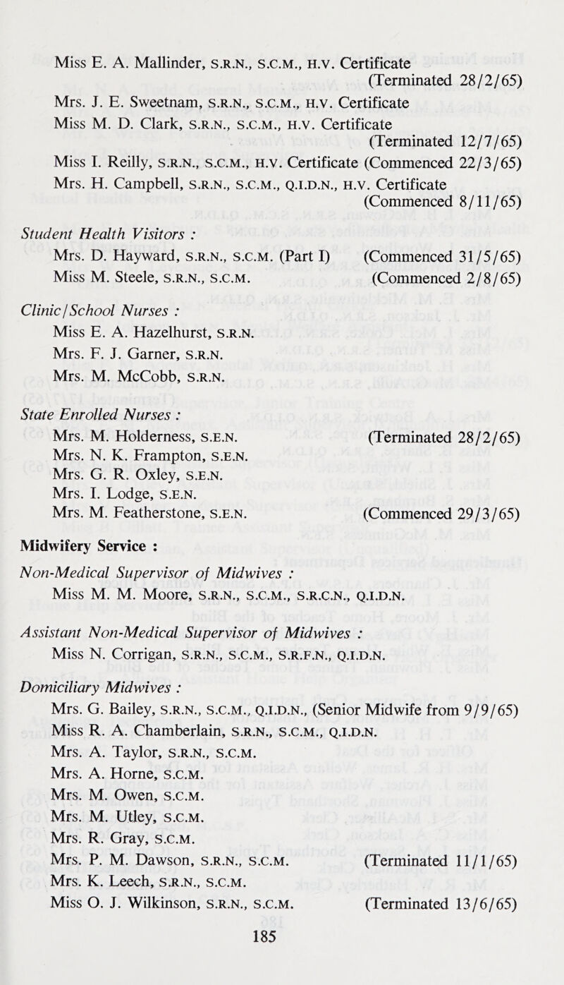 Miss E. A. Mallinder, s.r.n., s.c.m., h.v. Certificate (Terminated 28/2/65) Mrs. J. E. Sweetnam, s.r.n., s.c.m., h.v. Certificate Miss M. D. Clark, s.r.n., s.c.m., h.v. Certificate (Terminated 12/7/65) Miss I. Reilly, s.r.n., s.c.m., h.v. Certificate (Commenced 22/3/65) Mrs. H. Campbell, s.r.n., s.c.m., q.i.d.n., h.v. Certificate (Commenced 8/11/65) Student Health Visitors : Mrs. D. Hayward, s.r.n., s.c.m. (Part I) (Commenced 31/5/65) Miss M. Steele, s.r.n., s.c.m. (Commenced 2/8/65) Clinic! School Nurses : Miss E. A. Hazelhurst, s.r.n. Mrs. F. J. Garner, s.r.n. Mrs. M. McCobb, s.r.n. State Enrolled Nurses: Mrs. M. Holderness, s.e.n. (Terminated 28/2/65) Mrs. N. K. Frampton, s.e.n. Mrs. G. R. Oxley, s.e.n. Mrs. I. Lodge, s.e.n. Mrs. M. Featherstone, s.e.n. (Commenced 29/3/65) Midwifery Service : Non-Medical Supervisor of Midwives : Miss M. M. Moore, s.r.n., s.c.m., s.r.c.n., q.i.d.n. Assistant Non-Medical Supervisor of Midwives : Miss N. Corrigan, s.r.n., s.c.m., s.r.f.n., q.i.d.n. Domiciliary Midwives : Mrs. G. Bailey, s.r.n., s.c.m., q.i.d.n., (Senior Midwife from 9/9/65) Miss R. A. Chamberlain, S.R.N., s.c.m., q.i.d.n. Mrs. A. Taylor, S.R.N., s.c.m. Mrs. A. Horne, s.c.m. Mrs. M. Owen, s.c.m. Mrs. M. Utley, s.c.m. Mrs. R. Gray, s.c.m. Mrs. P. M. Dawson, s.r.n., s.c.m. (Terminated 11/1/65) Mrs. K. Leech, S.R.N., s.c.m. Miss O. J. Wilkinson, s.r.n., s.c.m. (Terminated 13/6/65)
