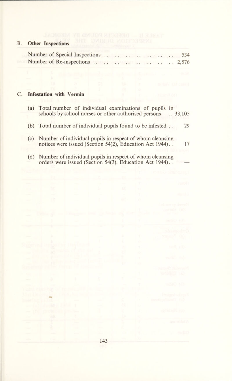 B. Other Inspections Number of Special Inspections 534 Number of Re-inspections 2,576 C. Infestation with Vermin (a) Total number of individual examinations of pupils in schools by school nurses or other authorised persons .. 33,105 (b) Total number of individual pupils found to be infested .. 29 (c) Number of individual pupils in respect of whom cleansing notices were issued (Section 54(2), Education Act 1944).. 17 (d) Number of individual pupils in respect of whom cleansing orders were issued (Section 54(3). Education Act 1944).. —