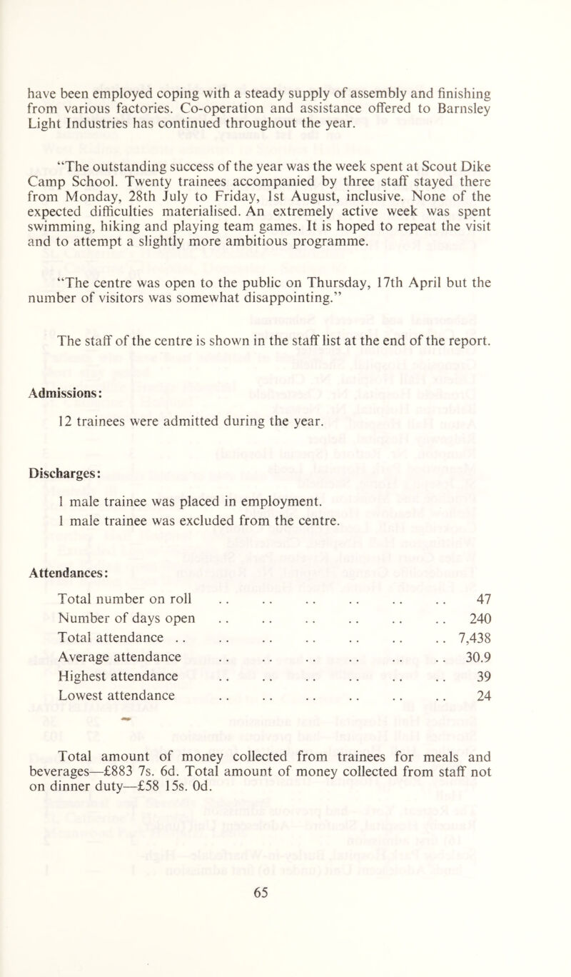 have been employed coping with a steady supply of assembly and finishing from various factories. Co-operation and assistance offered to Barnsley Light Industries has continued throughout the year. ‘The outstanding success of the year was the week spent at Scout Dike Camp School. Twenty trainees accompanied by three staff stayed there from Monday, 28th July to Friday, 1st August, inclusive. None of the expected difficulties materialised. An extremely active week was spent swimming, hiking and playing team games. It is hoped to repeat the visit and to attempt a slightly more ambitious programme. “The centre was open to the public on Thursday, 17th April but the number of visitors was somewhat disappointing.” The staff of the centre is shown in the staff list at the end of the report. Admissions: 12 trainees were admitted during the year. Discharges: 1 male trainee was placed in employment. 1 male trainee was excluded from the centre. Attendances: Total number on roll Number of days open Total attendance .. Average attendance Highest attendance Lowest attendance 47 240 7,438 30.9 39 24 Total amount of money collected from trainees for meals and beverages—£883 7s. 6d. Total amount of money collected from staff not on dinner duty—£58 15s. Od.