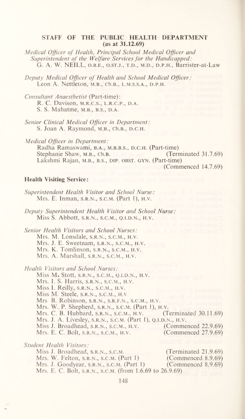 STAFF OF THE PUBLIC HEALTH DEPARTMENT (as at 31.12.69) Medical Officer of Health, Principal School Medical Officer and Superintendent of the Welfare Services for the Handicapped: G. A. W. NEILL, o.b.e., o.st.j., t.d., m.d., d.p.h., Barrister-at-Law Deputy Medical Officer of Health and School Medical Officer: Leon A. Nettleton, m.b., ch.B., l.m.s.s.a., d.p.h. Consultant Anaesthetist (Part-time): R. C. Davison, m.r.c.s., l.r.c.p., d.a. S. S. Mahatme, m.b., b.s., d.a. Senior Clinical Medical Officer in Department: S. Joan A. Raymond, m.b., ch.B., d.c.h. Medical Officer in Department: Radha Ramaswami, b.a., m.b.b.s., d.c.h. (Part-time) Stephanie Shaw, m.b., ch.B. (Terminated 31.7.69) Lakshmi Rajan, m.b., b.s., dip. obst. gyn. (Part-time) (Commenced 14.7.69) Health Visiting Service: Superintendent Health Visitor and School Nurse: Mrs. E. Inman, s.r.n., s.c.m. (Part 1), h.v. Deputy Superintendent Health Visitor and School Nurse: Miss S. Abbott, s.r.n., s.c.m., q.i.d.n., h.v. Senior Health Visitors and School Nurses: Mrs. M. Lonsdale, s.r.n., s.c.m., h.v. Mrs. J. E. Sweetnam, s.r.n., s.c.m., h.v. Mrs. K. Tomlinson, s.r.n., s.c.m., h.v. Mrs. A. Marshall, s.r.n., s.c.m., h.v. Health Visitors and School Nurses: Miss M* Stott, s.r.n., s.c.m., q.i.d.n., h.v. Mrs. 1. S. Harris, s.r.n., s.c.m., h.v. Miss I. Reilly, s.r.n., s.c.m., h.v. Miss M. Steele, s.r.n., s.c.m., h.v. M rs B. Robinson, s.r.n., s.r.f.n., s.c.m., h.v. M rs. W. P. Shepherd, s.r.n., s.c.m. (Part 1), h.v. Mrs. C. B. Hubbard, s.r.n., s.c.m., h.v. (Terminated 30.11.69) Mrs. J. A. Livesley, s.r.n., s.c.m. (Part 1), q.i.d.n., h.v. Miss J. Broadhead, s.r.n., s.c.m., h.v. (Commenced 22.9.69) M rs. E. C. Bolt, s.r.n., s.c.m., h.v. (Commenced 27.9.69) Student Health Visitors: Miss J. Broadhead, s.r.n., s.c.m. (Terminated 21.9.69) Mrs. W. Felton, s.r.n., s.c.m. (Part 1) (Commenced 8.9.69) Mrs. J. Goodyear, s.r.n., s.c.m. (Part 1) (Commenced 8.9.69) Mrs. E. C. Bolt, s.r.n., s.c.m. (from 1.6.69 to 26.9.69)