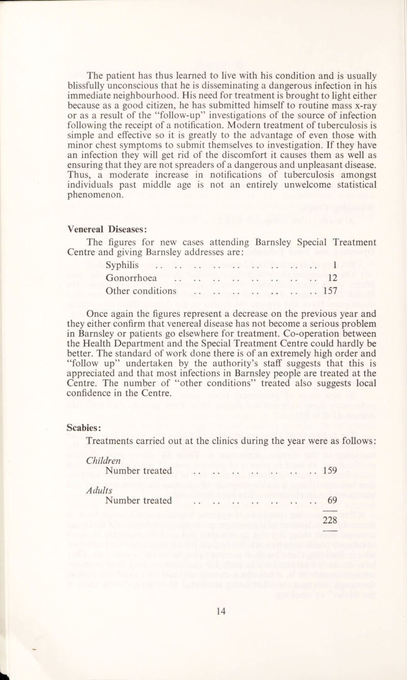 The patient has thus learned to live with his condition and is usually blissfully unconscious that he is disseminating a dangerous infection in his immediate neighbourhood. His need for treatment is brought to light either because as a good citizen, he has submitted himself to routine mass x-ray or as a result of the “follow-up” investigations of the source of infection following the receipt of a notification. Modern treatment of tuberculosis is simple and effective so it is greatly to the advantage of even those with minor chest symptoms to submit themselves to investigation. If they have an infection they will get rid of the discomfort it causes them as well as ensuring that they are not spreaders of a dangerous and unpleasant disease. Thus, a moderate increase in notifications of tuberculosis amongst individuals past middle age is not an entirely unwelcome statistical phenomenon. Venereal Diseases: The figures for new cases attending Barnsley Special Treatment Centre and giving Barnsley addresses are: Syphilis 1 Gonorrhoea 12 Other conditions 157 Once again the figures represent a decrease on the previous year and they either confirm that venereal disease has not become a serious problem in Barnsley or patients go elsewhere for treatment. Co-operation between the Health Department and the Special Treatment Centre could hardly be better. The standard of work done there is of an extremely high order and “follow up” undertaken by the authority’s staff suggests that this is appreciated and that most infections in Barnsley people are treated at the Centre. The number of “other conditions” treated also suggests local confidence in the Centre. Scabies: Treatments carried out at the clinics during the year were as follows: Children Number treated 159 Adults Number treated 69 228