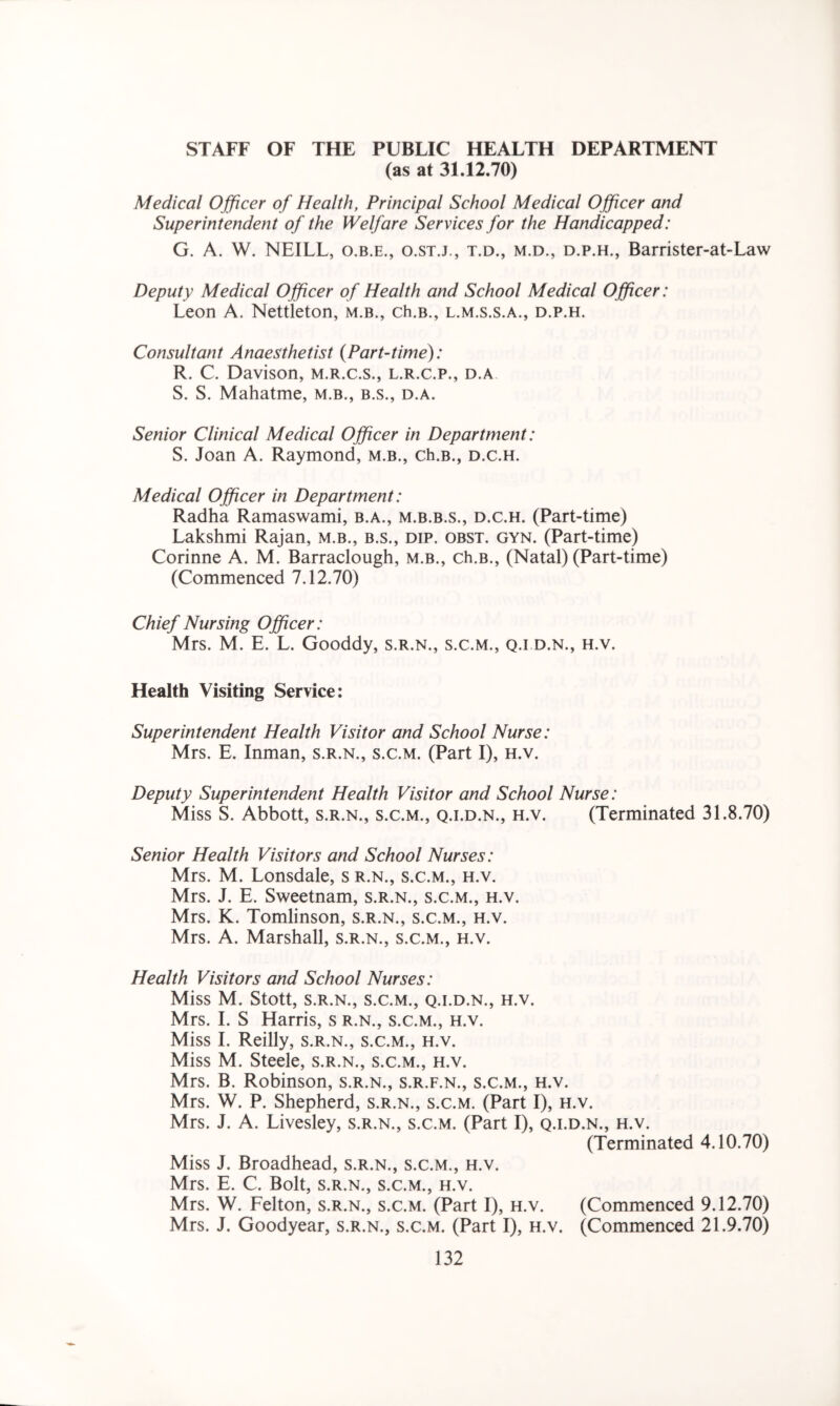 STAFF OF THE PUBLIC HEALTH DEPARTMENT (as at 31.12.70) Medical Officer of Health, Principal School Medical Officer and Superintendent of the Welfare Services for the Handicapped: G. A. W. NEILL, o.b.e., o.st.j., t.d., m.d., d.p.h., Barrister-at-Law Deputy Medical Officer of Health and School Medical Officer: Leon A. Nettleton, m.b., ch.B., l.m.s.s.a., d.p.h. Consultant Anaesthetist (Part-time): R. C. Davison, m.r.c.s., l.r.c.p., d.a S. S. Mahatme, m.b., b.s., d.a. Senior Clinical Medical Officer in Department: S. Joan A. Raymond, m.b., ch.B., d.c.h. Medical Officer in Department: Radha Ramaswami, b.a., m.b.b.s., d.c.h. (Part-time) Lakshmi Rajan, m.b., b.s., dip. obst. gyn. (Part-time) Corinne A. M. Barraclough, m.b., ch.B., (Natal) (Part-time) (Commenced 7.12.70) Chief Nursing Officer: Mrs. M. E. L. Gooddy, s.r.n., s.c.m., q.i d.n., h.v. Health Visiting Service: Superintendent Health Visitor and School Nurse: Mrs. E. Inman, s.r.n., s.c.m. (Part I), h.v. Deputy Superintendent Health Visitor and School Nurse: Miss S. Abbott, s.r.n., s.c.m., q.i.d.n., h.v. (Terminated 31.8.70) Senior Health Visitors and School Nurses: Mrs. M. Lonsdale, s r.n., s.c.m., h.v. Mrs. J. E. Sweetnam, s.r.n., s.c.m., h.v. Mrs. K. Tomlinson, s.r.n., s.c.m., h.v. Mrs. A. Marshall, s.r.n., s.c.m., h.v. Health Visitors and School Nurses: Miss M. Stott, S.R.N., S.C.M., Q.I.D.N., H.V. Mrs. I. S Harris, s r.n., s.c.m., h.v. Miss I. Reilly, s.r.n., s.c.m., h.v. Miss M. Steele, s.r.n., s.c.m., h.v. Mrs. B. Robinson, s.r.n., s.r.f.n., s.c.m., h.v. Mrs. W. P. Shepherd, s.r.n., s.c.m. (Part I), h.v. Mrs. J. A. Livesley, s.r.n., s.c.m. (Part I), q.i.d.n., h.v. (Terminated 4.10.70) Miss J. Broadhead, s.r.n., s.c.m., h.v. Mrs. E. C. Bolt, s.r.n., s.c.m., h.v. Mrs. W. Felton, s.r.n., s.c.m. (Part I), h.v. (Commenced 9.12.70) Mrs. J. Goodyear, s.r.n., s.c.m. (Part I), h.v. (Commenced 21.9.70)