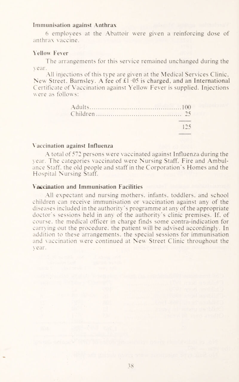 Immunisation against Anthrax 6 employees at the Abattoir were given a reinforcing dose of anthrax vaccine. Yellow Fever The arrangements for this service remained unchanged during the \ ear. All injections of this type are given at the Medical Services Clinic. New Street. Barnsley. A fee of £1 -05 is charged, and an International Certificate of Vaccination against Yellow Fever is supplied. Injections w ere as follows: Adults 100 Children 25 125 Vaccination against Influenza A total of 572 persons were vaccinated against Influenza during the vear. The categories vaccinated were Nursing Staff. Fire and Ambul- - ance Staff, the old people and staff in the Corporation's Flomes and the Hospital Nursing Staff. Vaccination and Immunisation Facilities All expectant and nursing mothers, infants, toddlers, and school children can receive immunisation or vaccination against any of the diseases included in the authority’s programme at any of the appropriate doctor's sessions held in any of the authority's clinic premises. If. of course, the medical officer in charge finds some contra-indication for carrying out the procedure, the patient will be advised accordingly. In addition to these arrangements, the special sessions for immunisation and vaccination were continued at New Street Clinic throughout the \ ear.