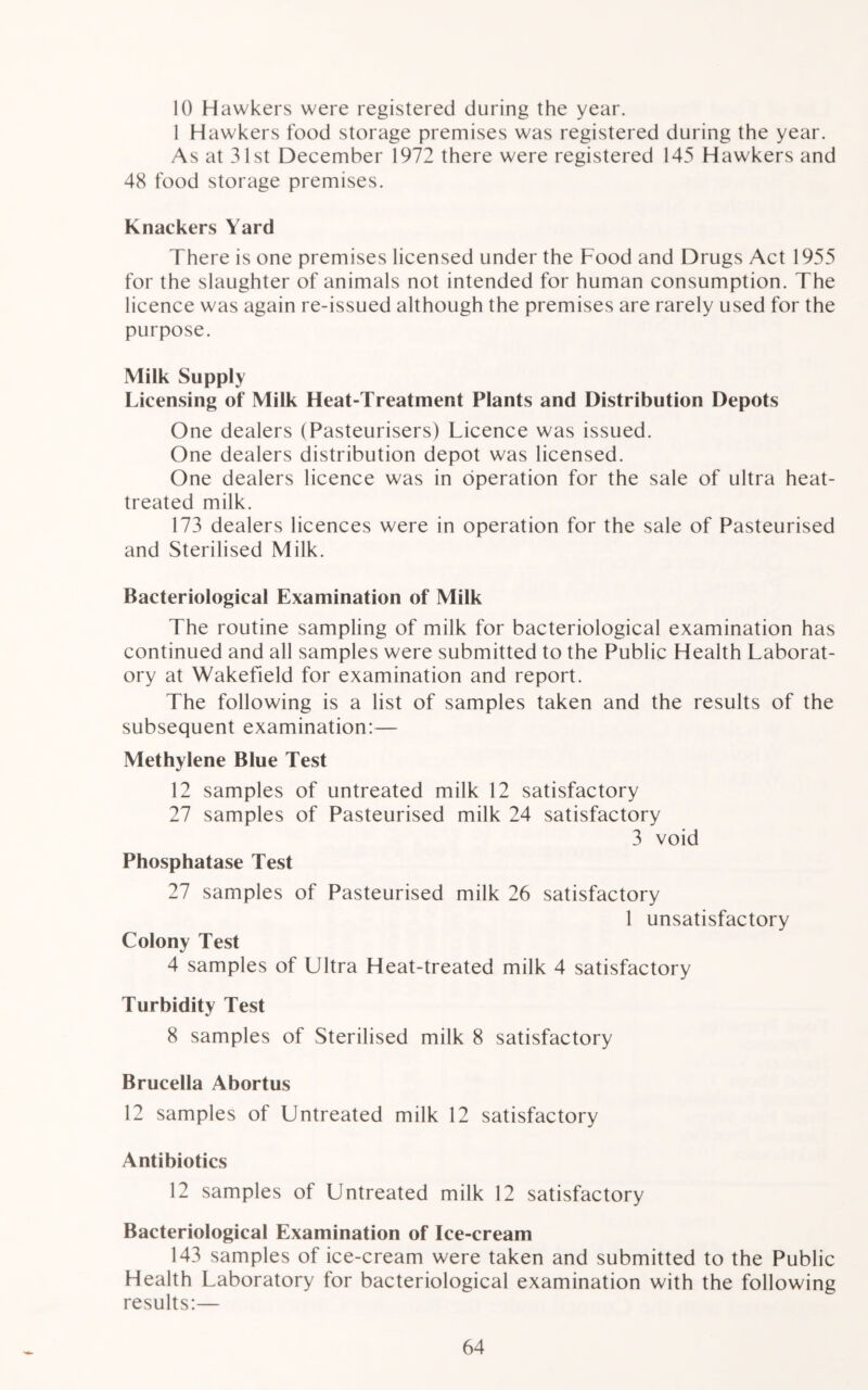 10 Hawkers were registered during the year. 1 Hawkers food storage premises was registered during the year. As at 31st December 1972 there were registered 145 Hawkers and 48 food storage premises. Knackers Yard There is one premises licensed under the Food and Drugs Act 1955 for the slaughter of animals not intended for human consumption. The licence was again re-issued although the premises are rarely used for the purpose. Milk Supply Licensing of Milk Heat-Treatment Plants and Distribution Depots One dealers (Pasteurisers) Licence was issued. One dealers distribution depot was licensed. One dealers licence was in operation for the sale of ultra heat- treated milk. 173 dealers licences were in operation for the sale of Pasteurised and Sterilised Milk. Bacteriological Examination of Milk The routine sampling of milk for bacteriological examination has continued and all samples were submitted to the Public Health Laborat- ory at Wakefield for examination and report. The following is a list of samples taken and the results of the subsequent examination:— Methylene Blue Test 12 samples of untreated milk 12 satisfactory 27 samples of Pasteurised milk 24 satisfactory 3 void Phosphatase Test 27 samples of Pasteurised milk 26 satisfactory 1 unsatisfactory Colony Test 4 samples of Ultra Heat-treated milk 4 satisfactory Turbidity Test 8 samples of Sterilised milk 8 satisfactory Brucella Abortus 12 samples of Untreated milk 12 satisfactory Antibiotics 12 samples of Untreated milk 12 satisfactory Bacteriological Examination of Ice-cream 143 samples of ice-cream were taken and submitted to the Public Health Laboratory for bacteriological examination with the following results:—