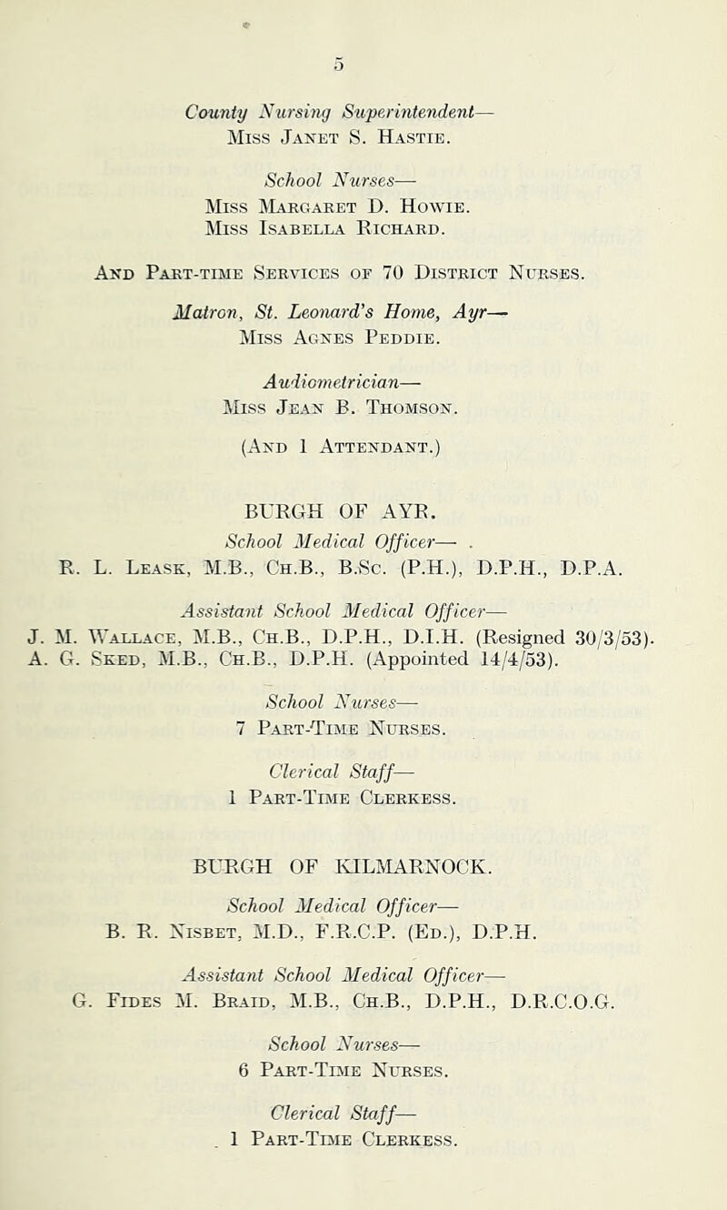 o County Nursing Superintendent— Miss Janet S. Hastie. School Nurses-—- Miss Margaret D. Howie. Miss Isabella Richard. And Part-time Services of 70 District Nurses. Matron, St. Leonard's Home, Ayr— Miss Agnes Peddie. Audiometrician— Miss Jean B. Thomson. (And 1 Attendant.) BURGH OF AYR. School Medical Officer— . R. L. Lease, M.B., Ch.B., B.Sc. (P.H.), D.P.H., D.P.A. Assistant School Medical Officer— J. M. Wallace, M.B., Ch.B., D.P.H., D.I.H. (Resigned 30/3/53). A. G. Seed, M.B., Ch.B., D.P.H. (Appointed 14/4/53). School Nurses— 7 Part-Time Nurses. Clerical Staff— 1 Part-Time Clereess. BURGH OF KILMARNOCK. School Medical Officer—- B. R. Nisbet, M.D., F.R.C.P. (Ed.), D.P.H. Assistant School Medical Officer— G. Fides M. Braid, M.B., Ch.B., D.P.H., D.R.C.O.G. School Nurses— 6 Part-Time Nurses. Clerical Staff—-