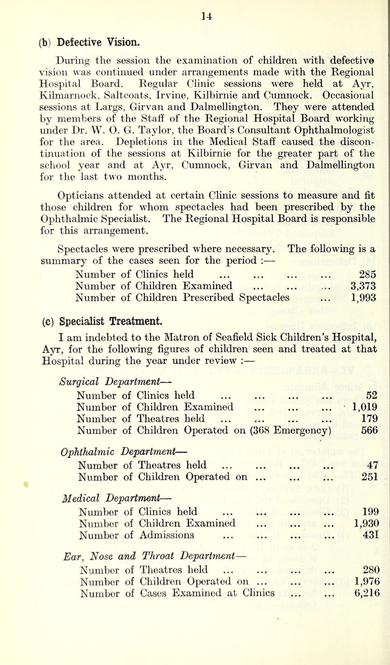 (b) Defective Vision. During the session the examination of children with defective vision was continued under arrangements made with the Regional Hospital Board. Regular Clinic sessions were held at Ayr, Kilmarnock, Saltcoats, Irvine, Ivilbirnie and Cumnock. Occasional sessions at Largs, Girvan and Dalmellington. They were attended by members of the Staff of the Regional Hospital Board working under Dr. W. O. G. Taylor, the Board's Consultant Ophthalmologist for the area. Depletions in the Medical Staff caused the discon- tinuation of the sessions at Kilbirnie for the greater part of the school year and at Ayr, Cumnock, Girvan and Dalmellington for the last two months. Opticians attended at certain Clinic sessions to measure and fit those children for whom spectacles had been prescribed by the Ophthalmic Specialist. The Regional Hospital Board is responsible for this arrangement. Spectacles were prescribed where necessary. The following is a summary of the cases seen for the period :— Number of Clinics held ... ... ... ... 285 Number of Children Examined ... ... ... 3,373 Number of Children Prescribed Spectacles ... 1,993 (c) Specialist Treatment. I am indebted to the Matron of Seafield Sick Children’s Hospital, Ayr, for the following figures of children seen and treated at that Hospital during the year under review :— Surgical Department— Number of Clinics held ... ... ... ... 52 Number of Children Examined ... ... ... 1,019 Number of Theatres held ... ... ... ... 179 Number of Children Operated on (368 Emergency) 566 Ophthalmic Department— Number of Theatres held ... ... ... ... 47 Numbor of Children Operated on ... ... ... 251 Medical Department— Number of Clinics held ... ... ... ... 199 Number of Children Examined ... ... ... 1,930 Number of Admissions ... ... ... ... 431 Ear, Nose and Throat Department— Numbor of Theatres held ... ... ... ... 280 Number of Children Operated on ... ... ... 1,976 Numbor of Cases Examined at Clinics ... ... 6,216