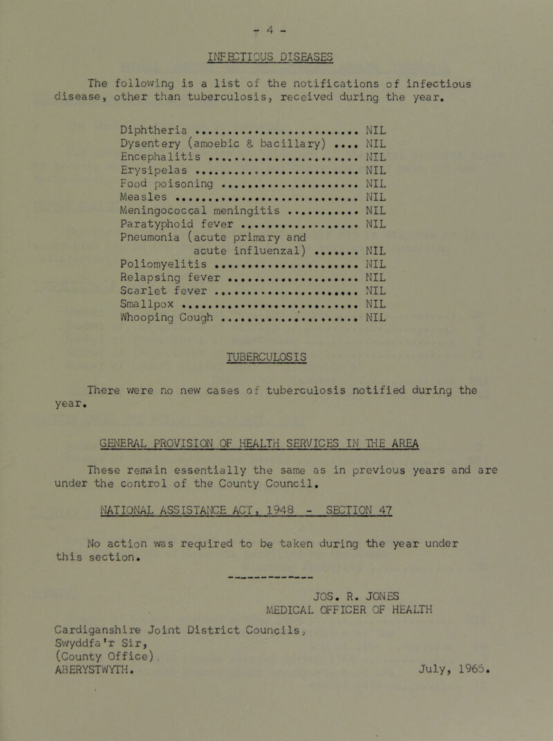 INFECTIOUS DISEASES The following is a list of the notifications of infectious disease, other than tuberculosis, received during the year. Diphtheria NIL Dysentery (amoebic 8. bacillary) NIL Encephalitis NIL Erysipelas NIL Food poisoning NIL Measles NIL Meningococcal meningitis NIL Paratyphoid fever NIL Pneumonia (acute primary and acute influenzal) NIL Poliomyelitis NIL Relapsing fever NIL Scarlet fever NIL Smallpox NIL ‘i/Vhooping Cough NIL TUBERCULOSIS There were no new cases of tuberculosis notified during the year. GENERAL PROVISION OF HEALTH SERVICES IN THE AREA These remain essentially the same as in previous years and are under the control of the County Council. NATIONAL ASSISTANCE ACT, 1948 - SECTION 47 No action was required to be taken during the year under this section. JOS. R. JONES MEDICAL OFFICER OF HEALTH Cardiganshire Joint District Councils, Swyddfa'r Sir, (County Office) ABERYSTWYTH. July, 196b