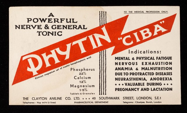 Phytin "(calcium magnesium salt of inositol hexaphosphoric acid) : a nerve food and general tonic containing about 22 per cent. of organically combined assimilable and non-toxic phosphorus : blotter no.2 / The Clayton Aniline Co. Ltd.