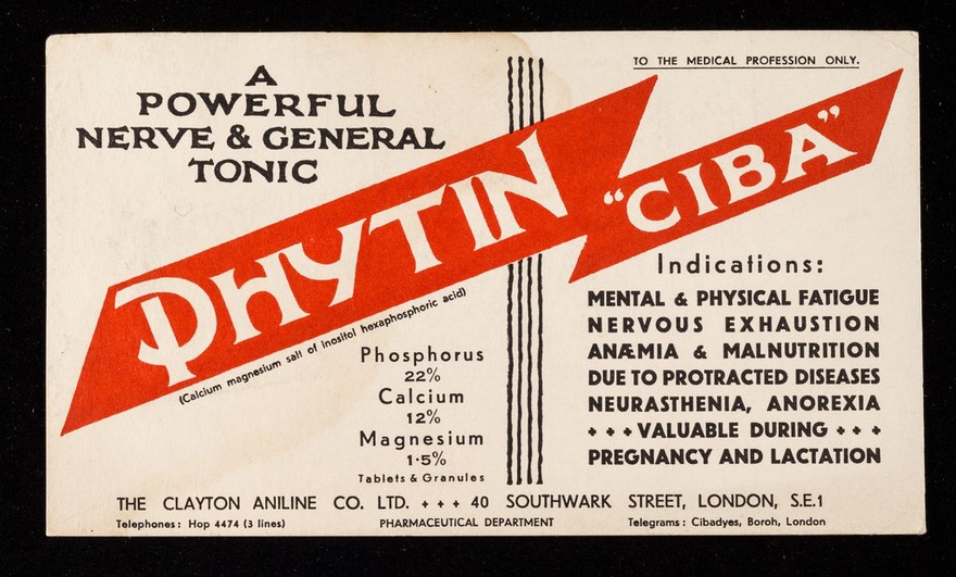Phytin "(calcium magnesium salt of inositol hexaphosphoric acid) : a nerve food and general tonic containing about 22 per cent. of organically combined assimilable and non-toxic phosphorus : blotter no.2 / The Clayton Aniline Co. Ltd.