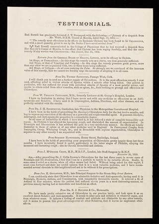 Dr. J. Collis Browne's Chlorodyne is the great specific for cholera, diarrhoea, dysentery ... / sole manufacturer J.T. Davenport, 33 Gt. Russell St., W.C.