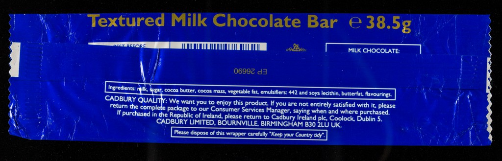 Cadbury's Wispa : new size, better value e38.5g for the price of e35g : textured milk chocolate bar / Cadbury Limited.