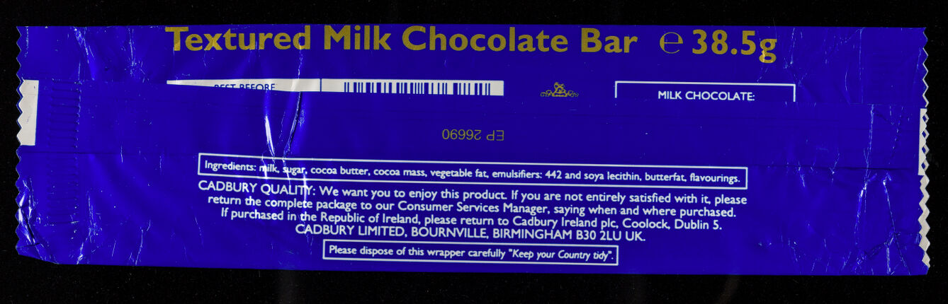 Cadbury's Wispa : new size, better value e38.5g for the price of e35g : textured milk chocolate bar / Cadbury Limited.