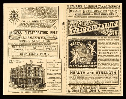 Disease exterminated from the system and every form of nervous, muscular, or organic weakness cured without drugs ... : Harness' electropathic belt : it imparts new life and vigour to the debilitated / the Medical Battery Company Limited.